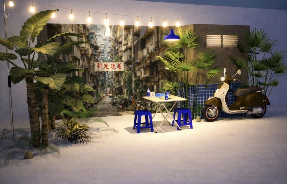 A room with tropical plants, a table with blue chairs, a scooter, and a wall mural of an urban street scene with Chinese characters on a sign.