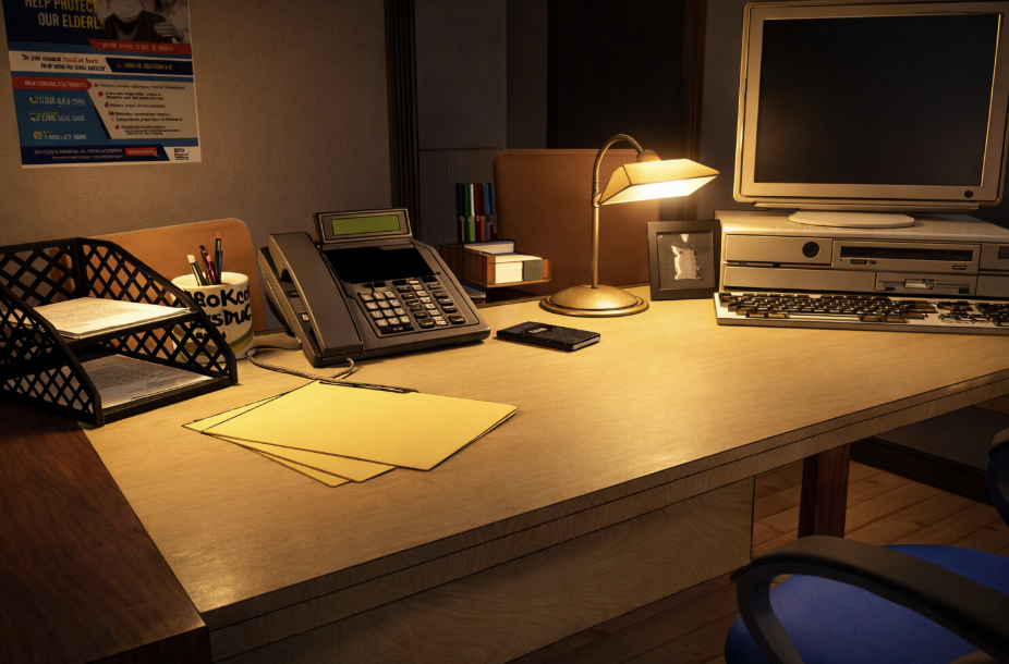 Office desk with a computer monitor, keyboard, small desk lamp, telephone, stacks of yellow folders, pens in a desk organizer, a framed photo, and books, illuminated by warm lighting.