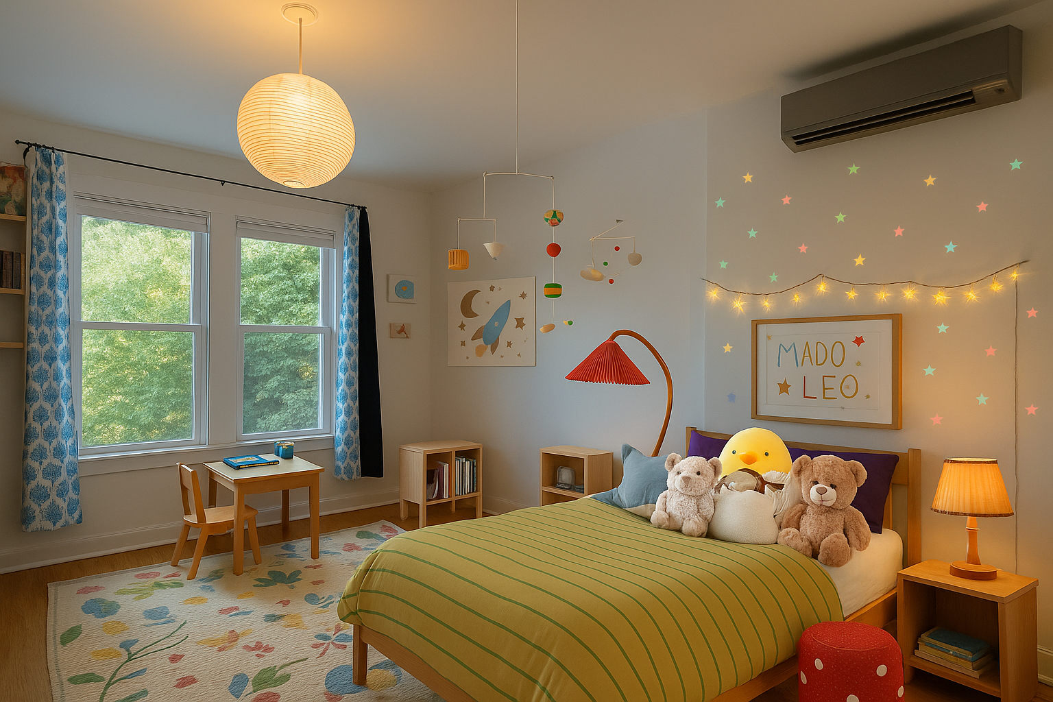A brightly lit child's bedroom featuring a bed with teddy bears and plush toys, a wooden side table with a lamp, colorful star and moon wall decorations, a window with blue patterned curtains, a small wooden desk and chair, and warm lighting creating a cozy atmosphere.