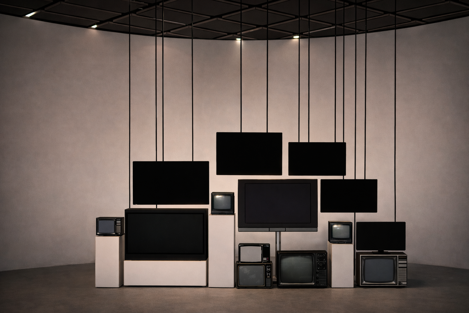 Display of vintage CRT televisions and modern flat-screen monitors arranged on white pedestals in a gallery setting.