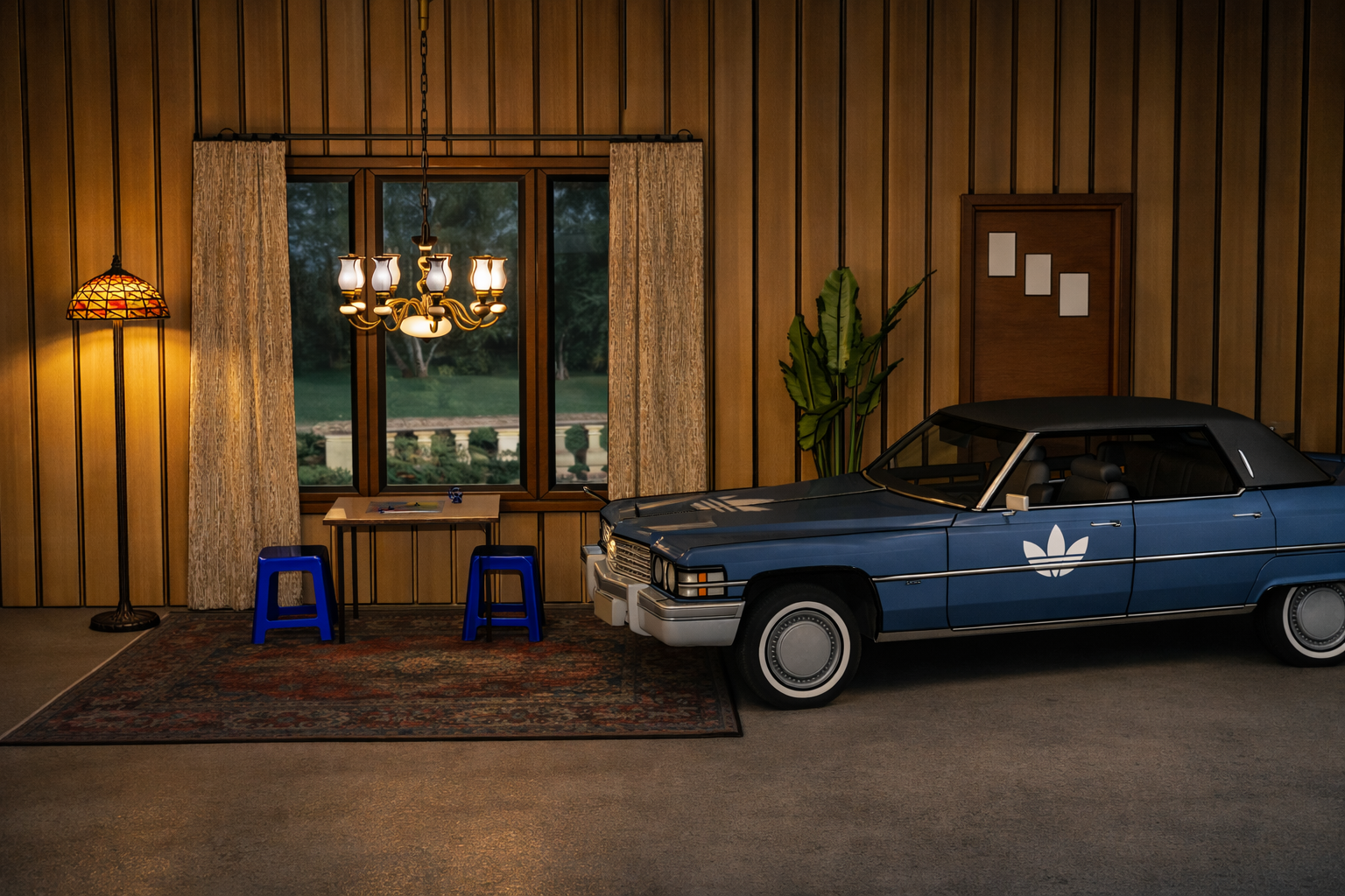 A blue vintage car with a white Adidas trefoil logo parked inside a wood-paneled room. The room has a carpet, a window with curtains, a vintage floor lamp, a chandelier, a small table, and blue stools.