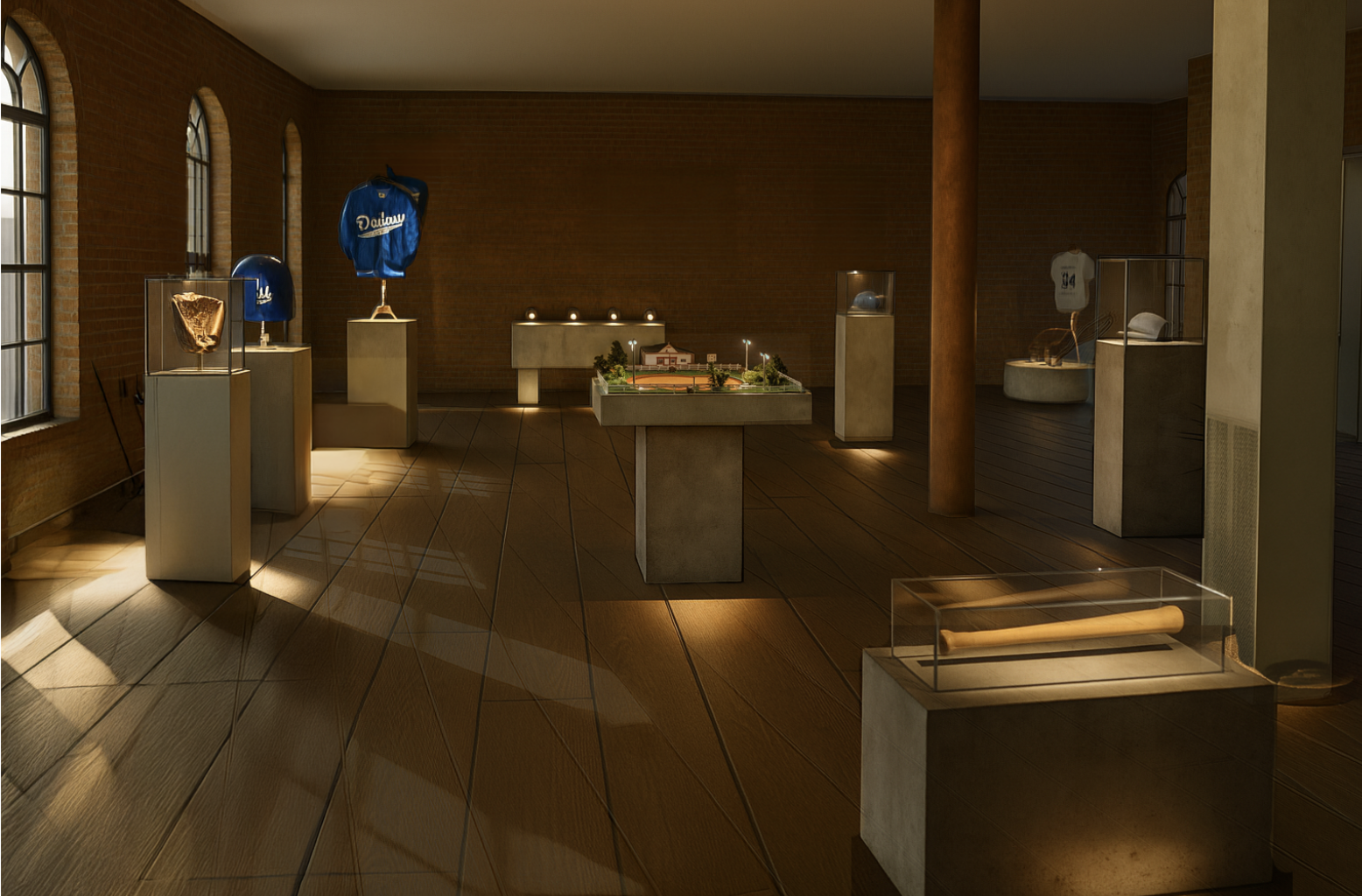 A museum exhibit showcasing sports memorabilia, including jerseys, a baseball helmet, and a bat, displayed in glass cases and on pedestals in a warmly lit room with wooden floors and brick walls.