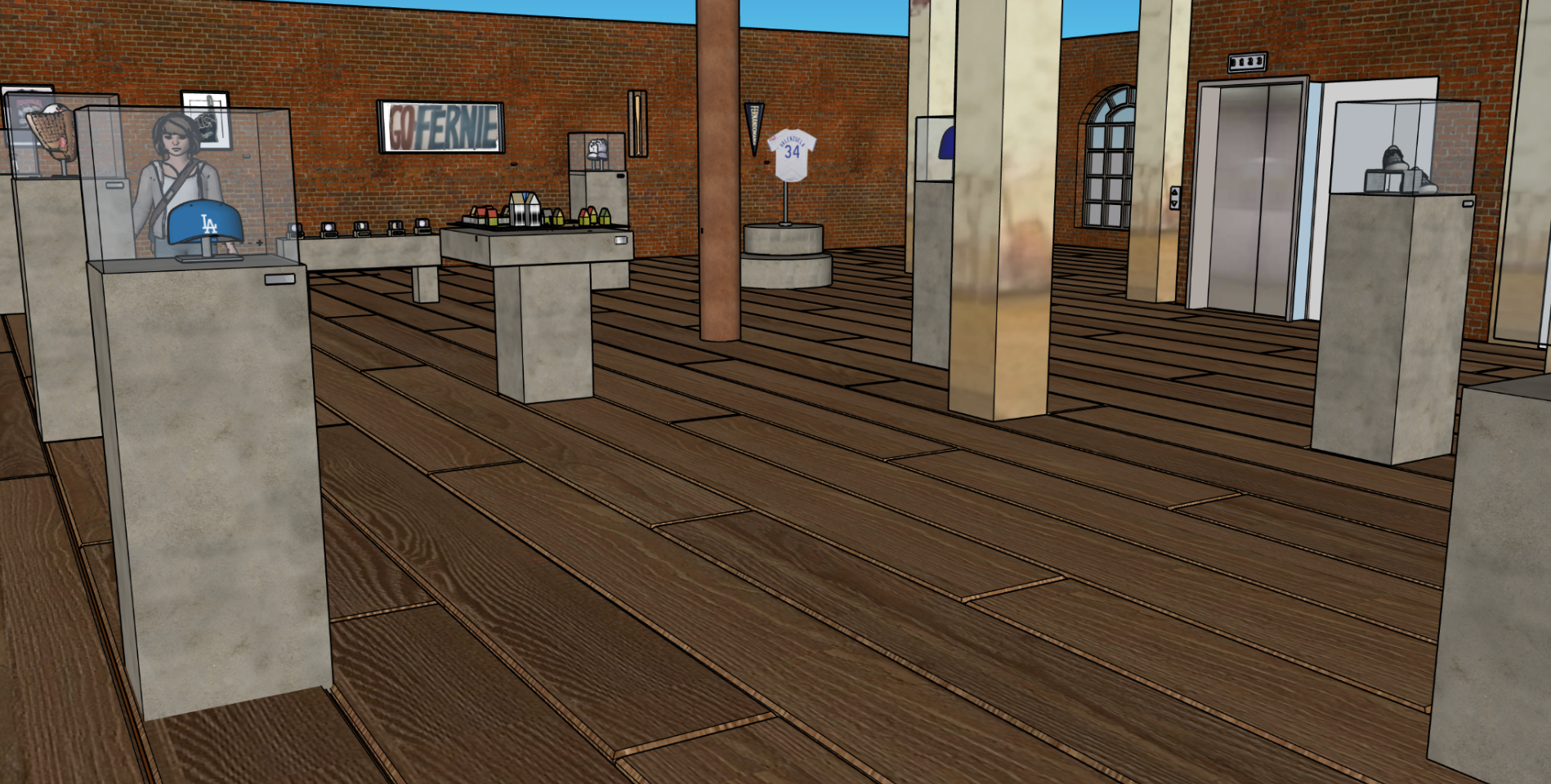 An indoor retail space with brick walls and hardwood flooring, featuring display cases with merchandise such as a Los Angeles Dodgers cap and a white T-shirt with the number 34. The walls are decorated with framed pictures, a 'Go FERNIE' sign, and sports memorabilia. There are four glass display cases, two on each side, containing various items. A woman is visible behind the left side display case.