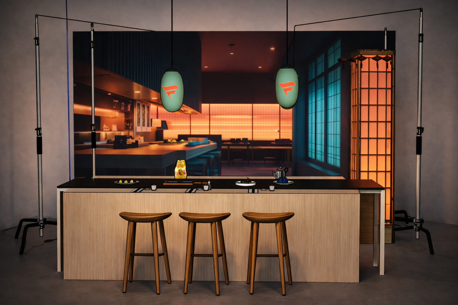 Interior of a modern Japanese restaurant with a wooden counter, three wooden stools, hanging green lanterns with red symbols, and a decorative room divider to the right, with a large window and kitchen area in the background.