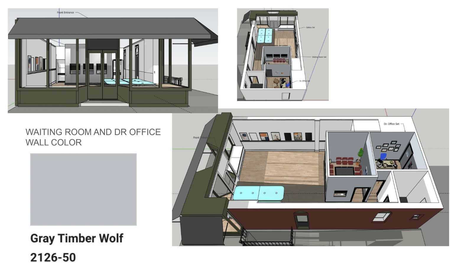 Design plans of a waiting room and doctor office with floor plans, exterior, and interior views, showing wall color in gray timber wolf, labeled as 2126-50.