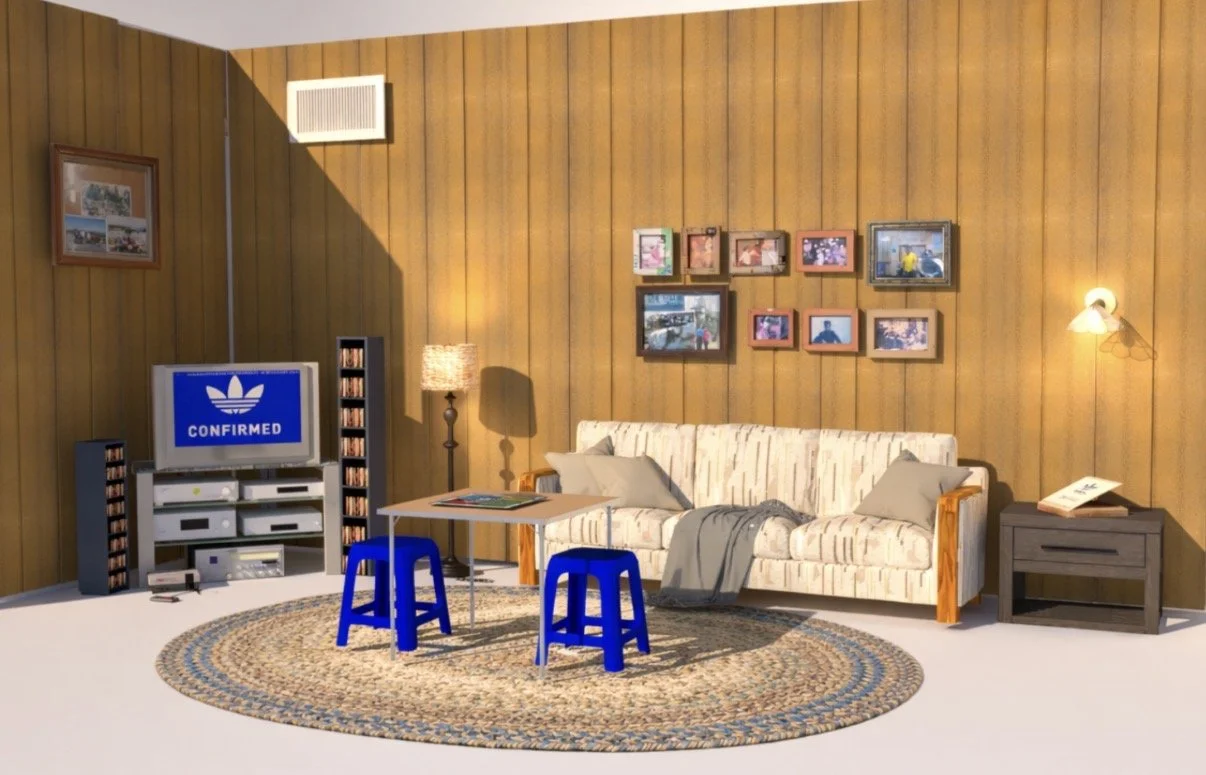 A cozy living room with a wood-paneled wall, a patterned sofa, a small coffee table with blue stools, a floor lamp, framed photos on the wall, an entertainment center with a television displaying 'Confirmed' and a logo, and a nightstand with a book and lamp.