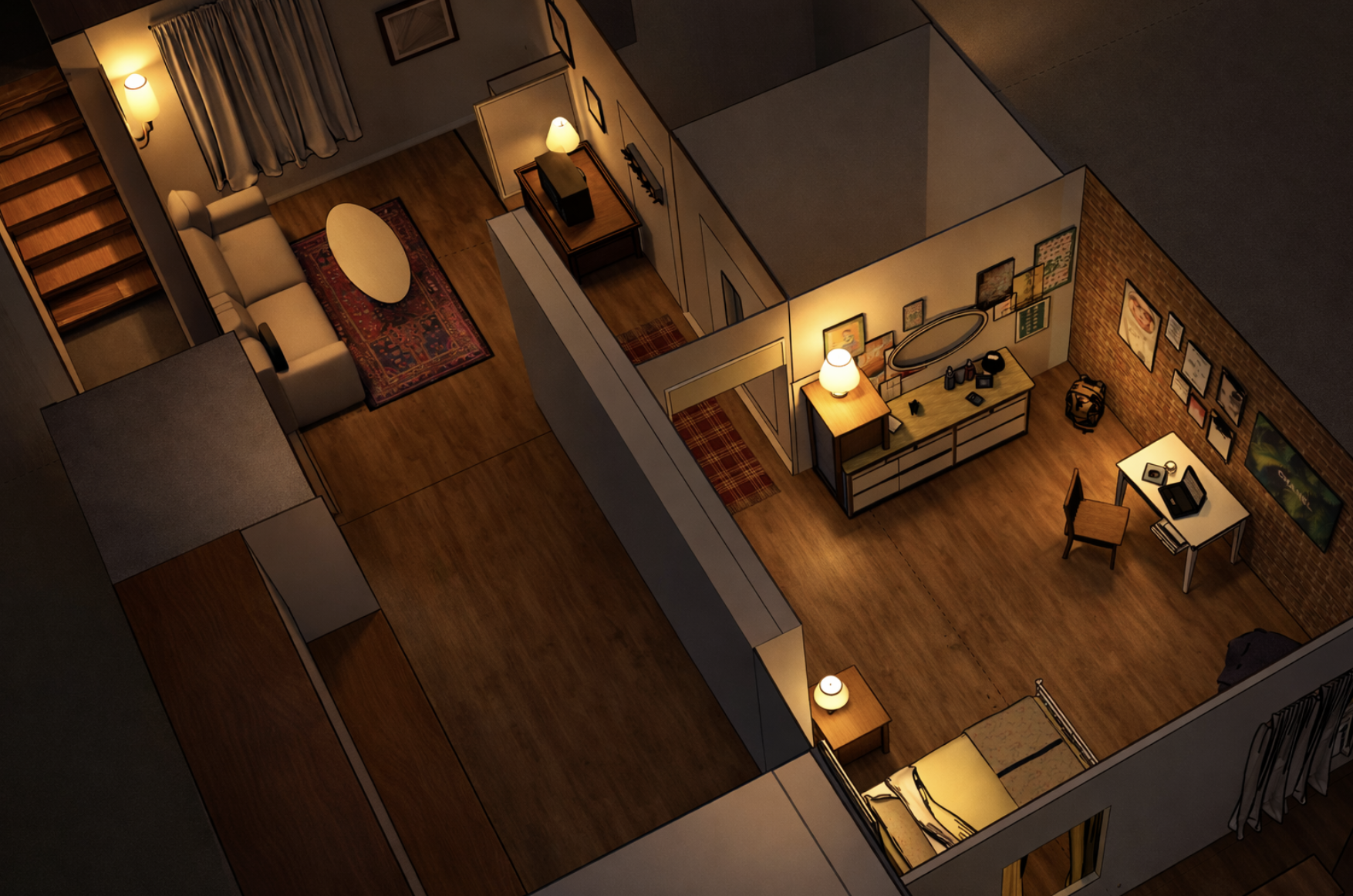 A detailed model of an apartment with a living room, a bedroom, and a workspace, all illuminated by warm lighting, with wood flooring and decorated with pictures and furniture.