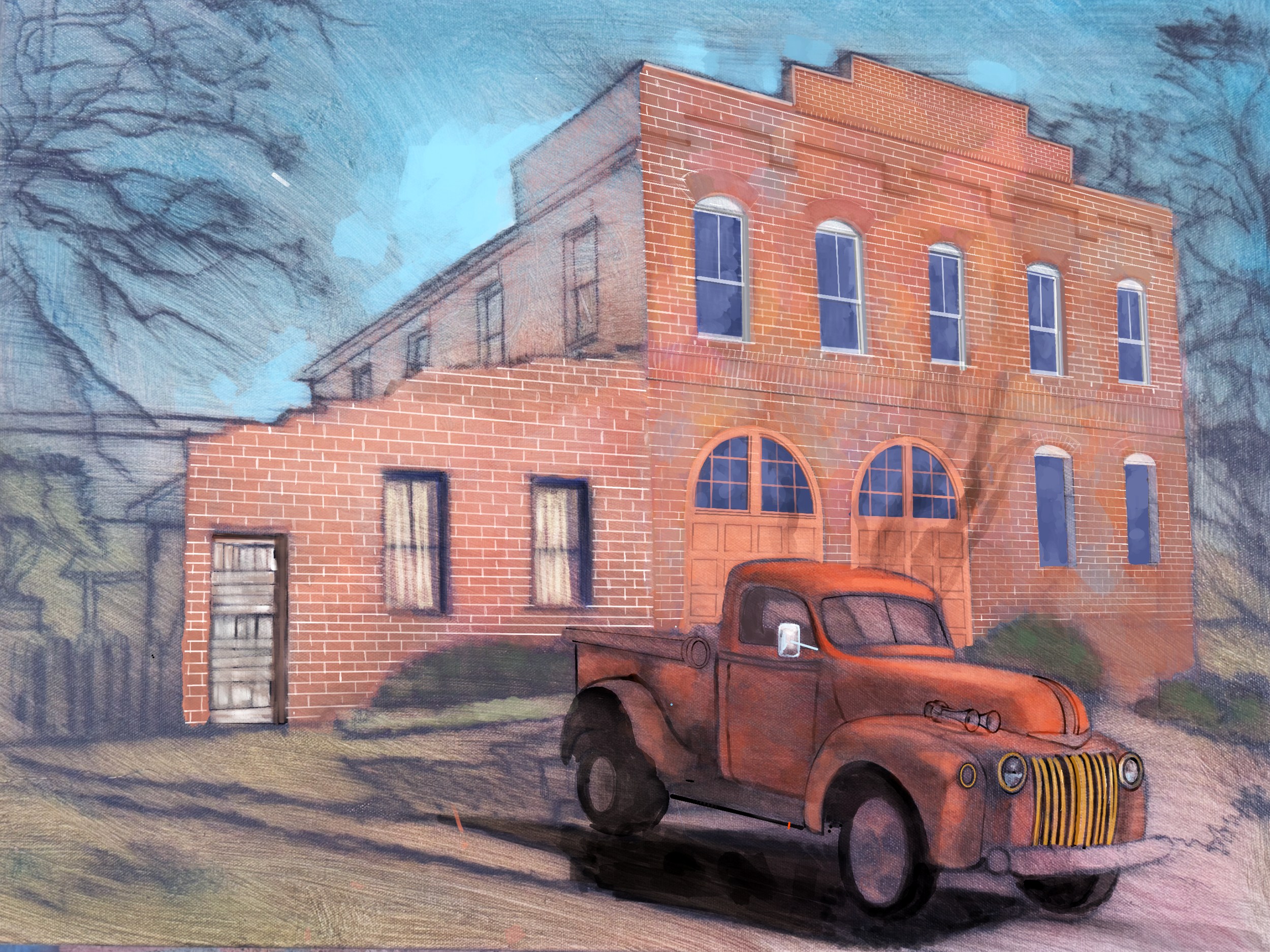 Old Smyrna Firehouse - Digital painting using Procreate. This is a "comp" for the finished painting,
