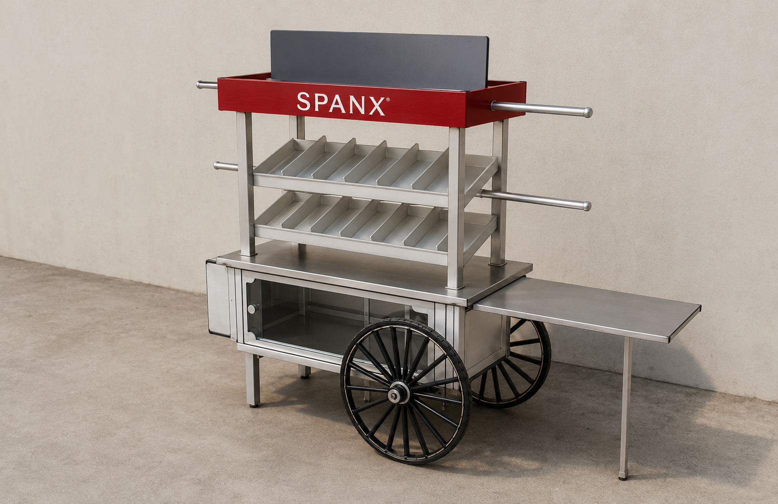 Design for SPANX Market CartSales cart project for SPANX. This project, designed and built for Tony Brewer Events, is shown here having been updated by ChatGPT to have a “realistic” appearance.
