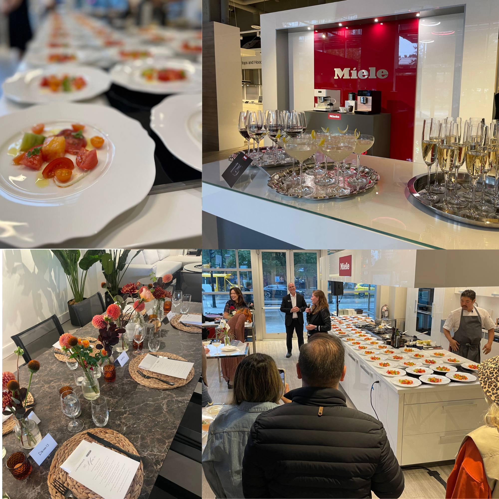 A collage of images from a cooking or culinary event featuring a food presentation with salads, a tea or coffee station, a decorated dining table with flowers and placemats, and a cooking demonstration with an audience and chef.