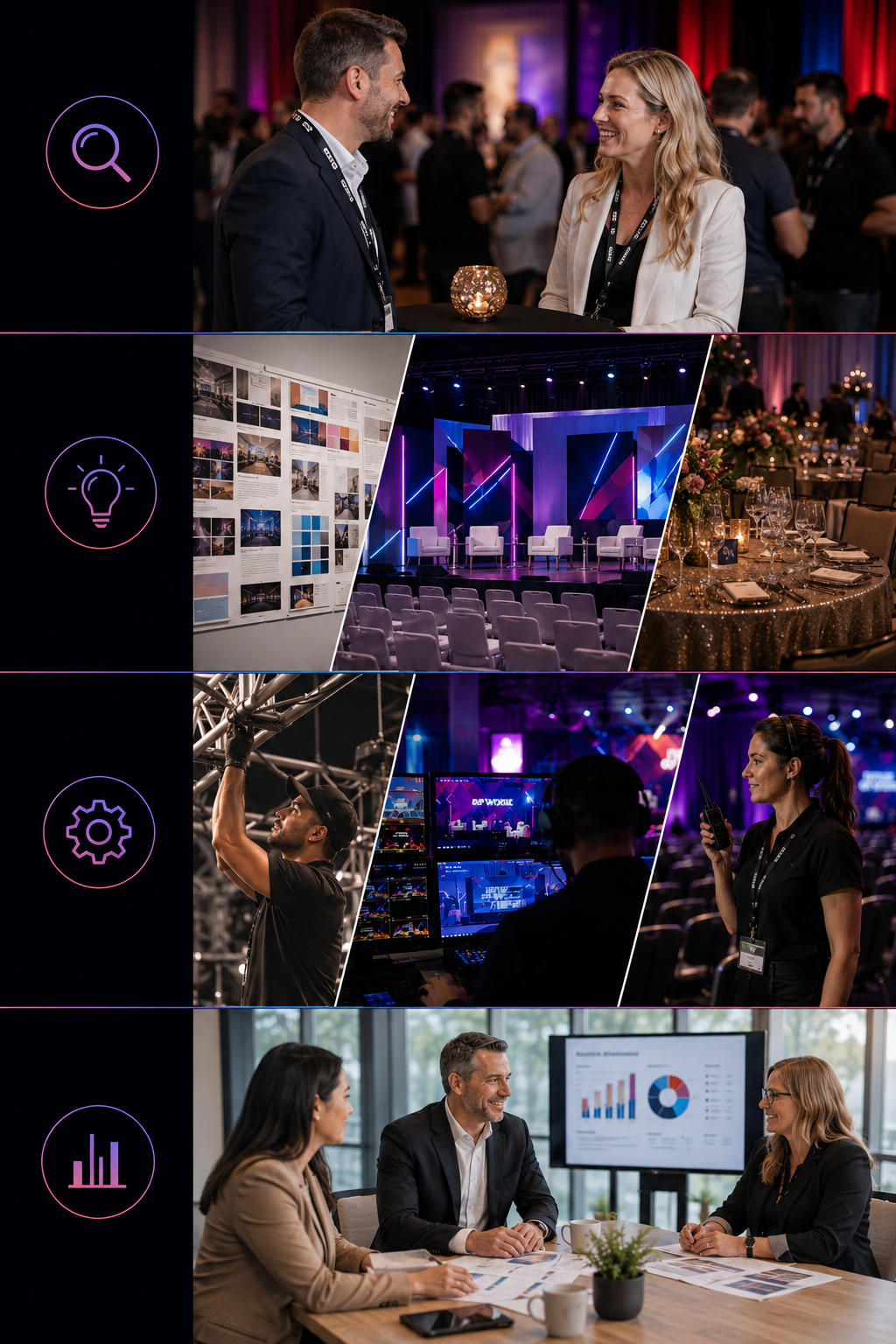 Images of a conference or event setting, including networking, stage setup, technical crew, and business meetings, with people engaging in conversations, stage panels, and presentation equipment.