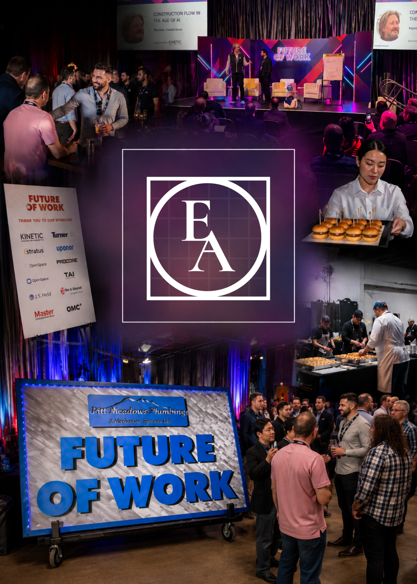 Conference with a stage titled 'Future of Work,' showing a woman speaking to a man on the stage, and a signboard with sponsor logos, including 'Kinetic,' 'Turner,' and 'Stratus,' amid an audience and run catering area.