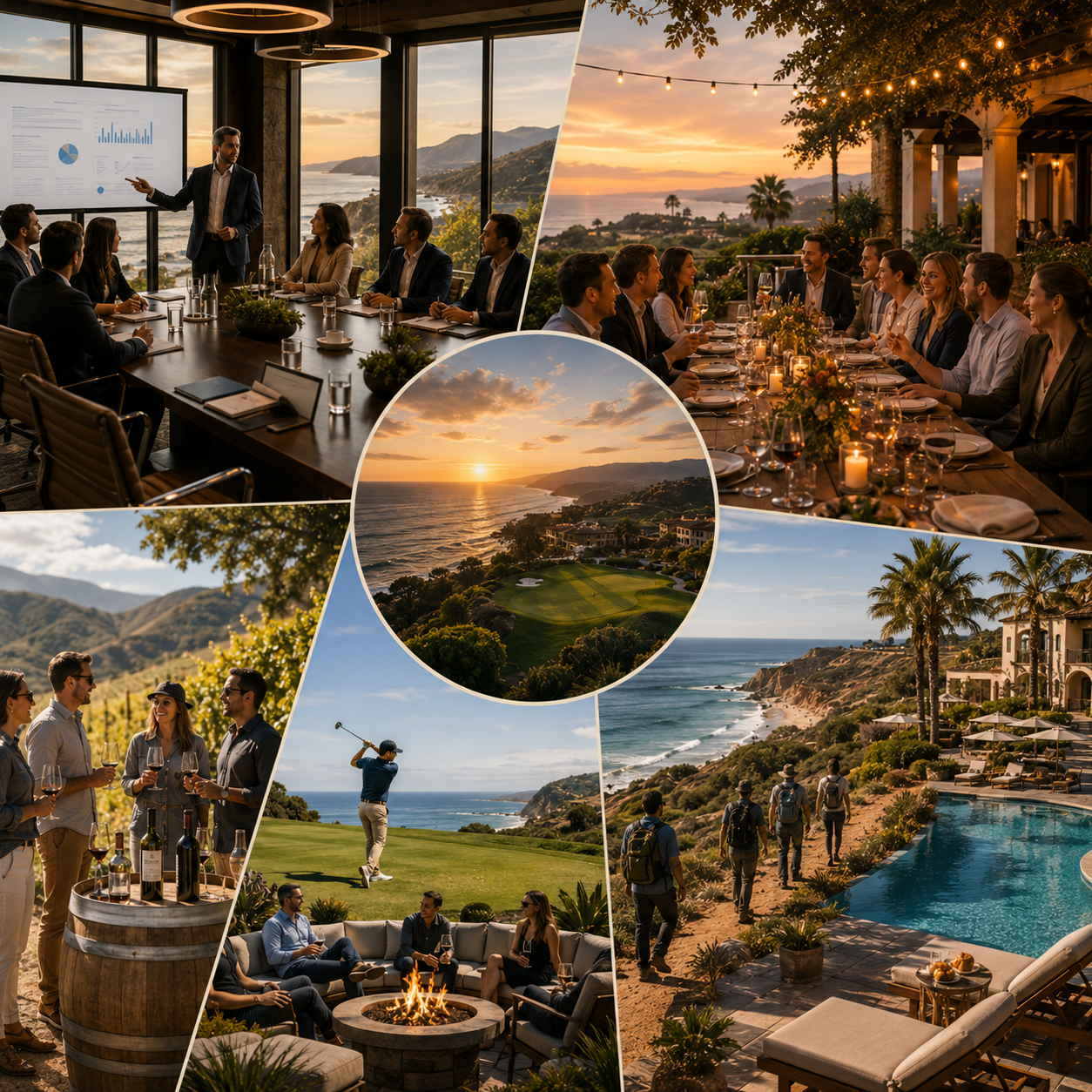 Collage of images showcasing outdoor leisure activities and scenic views, including a conference room with businesspeople, a sunset dinner party, a golf course overlooking the ocean, wine tasting among friends, an outdoor gathering by a fire pit, and a coastal landscape with a swimming pool and walking trail.