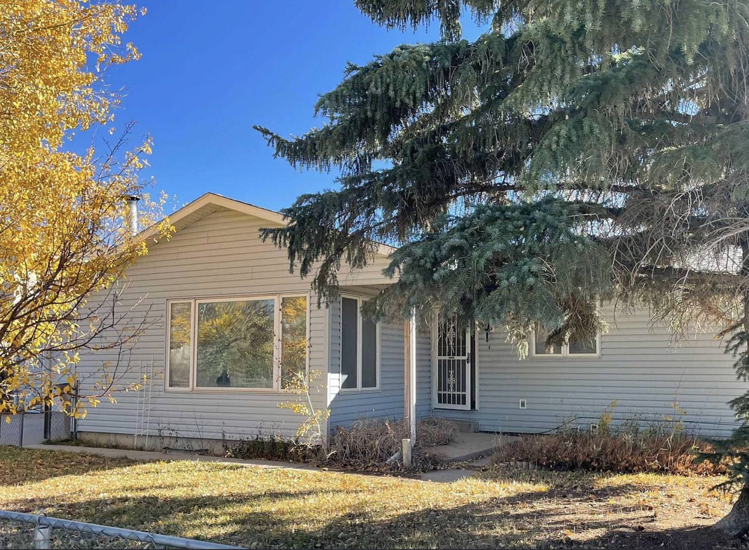 A light gray house with vinyl siding, a large front window, and a metal security door. The front yard has a small patch of grass, some shrubs, and trees with autumn leaves, under a clear blue sky.