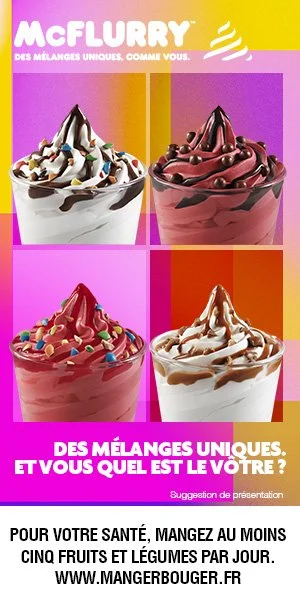 Quatre coupes de glace avec différentes garnitures, présentation colorée et logo 'McFlurry' en haut.