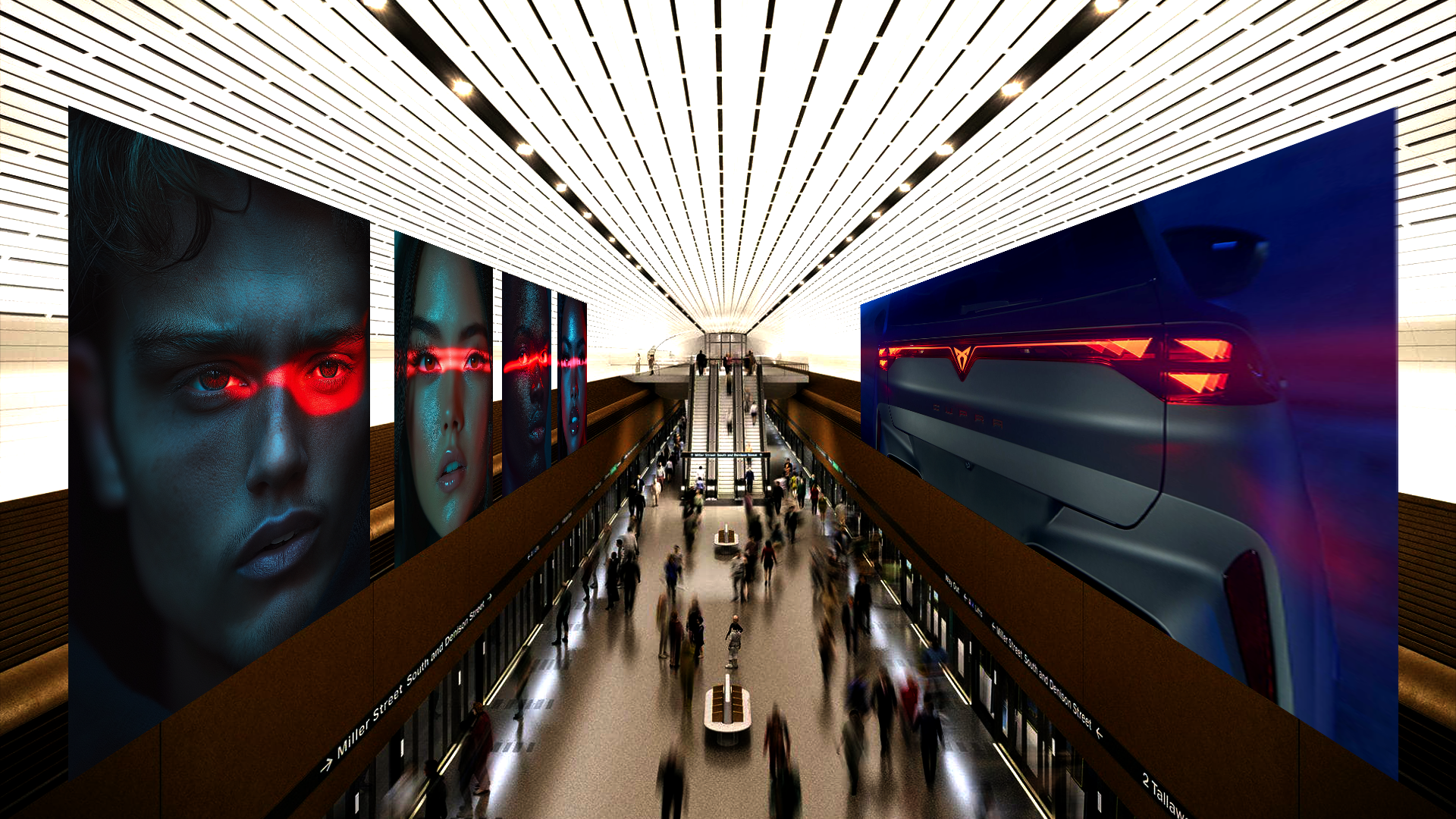 Intérieur d'une station de métro futuriste avec affichages numériques, des œuvres d'art numérique en portraits et un véhicule électrique Tesla en arrière-plan, avec des personnes circulant dans la station.