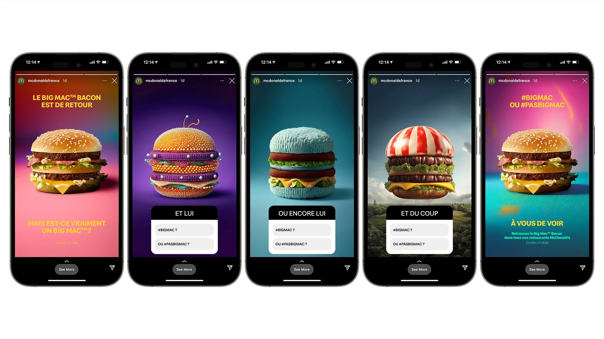 Une série de cinq images de publicités pour le Big Mac de McDonald's, chaque image montre une version différente du burger ou une illustration créative différente, avec des textes en français annonçant le retour du Big Mac Bacon et posant des questions sur sa popularité.