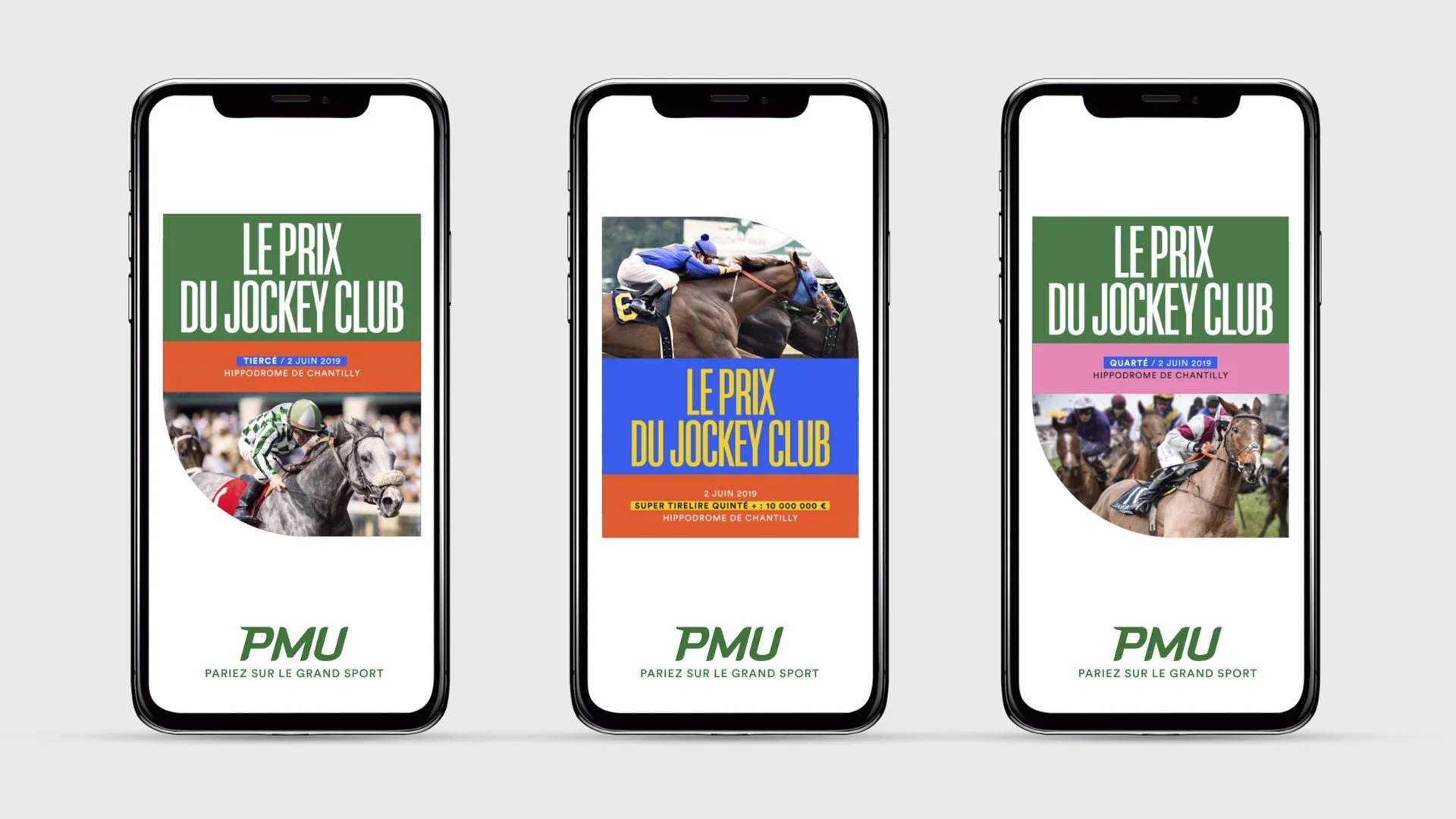 Trois smartphones affichent des affiches pour le Prix du Jockey Club avec des images de courses hippiques, couleurs vertes, bleues, oranges, et des textes en français.