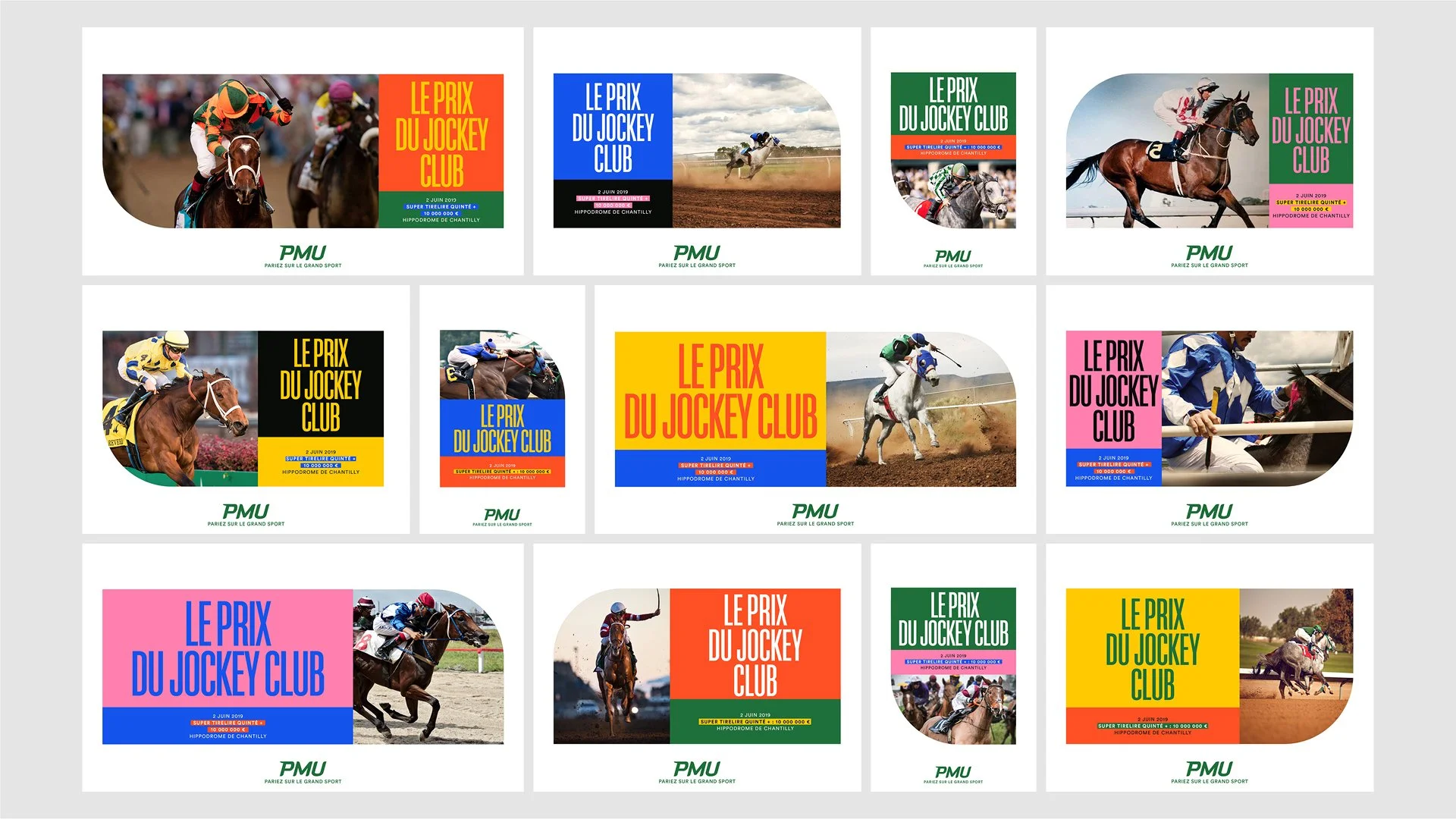 Collection d'affiches de courses hippiques avec différentes photos de chevaux et jockeys, contenant des textes en français comme "Le Prix du Jockey Club", avec des dates et des informations sur la course, logos de PMU, toutes en couleurs vives.