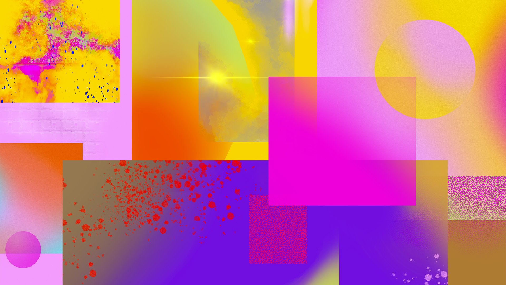 Une composition abstraite de couleurs vives, avec des formes géométriques, des dégradés et des motifs variés, comprenant du rose, du jaune, du rouge, du violet et du orange.