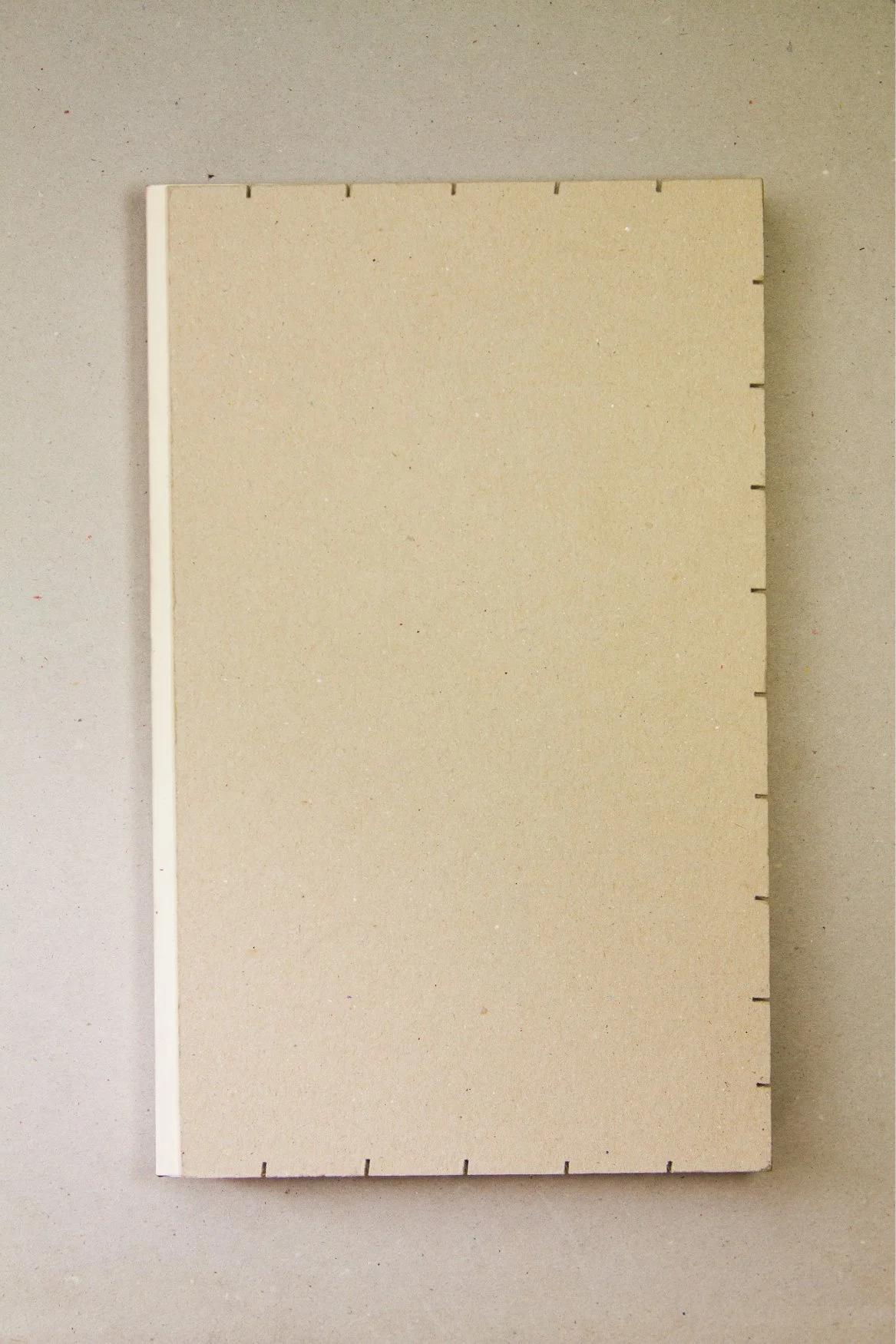 Livre beige posé sur une surface grise.