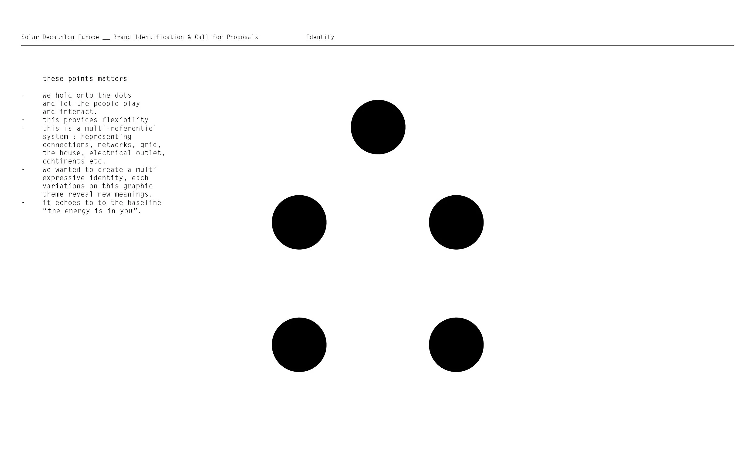 Une page de document avec le titre 'Solar Decathlon Europe' et des points de description à gauche, avec cinq cercles noirs répartis sur le côté droit.