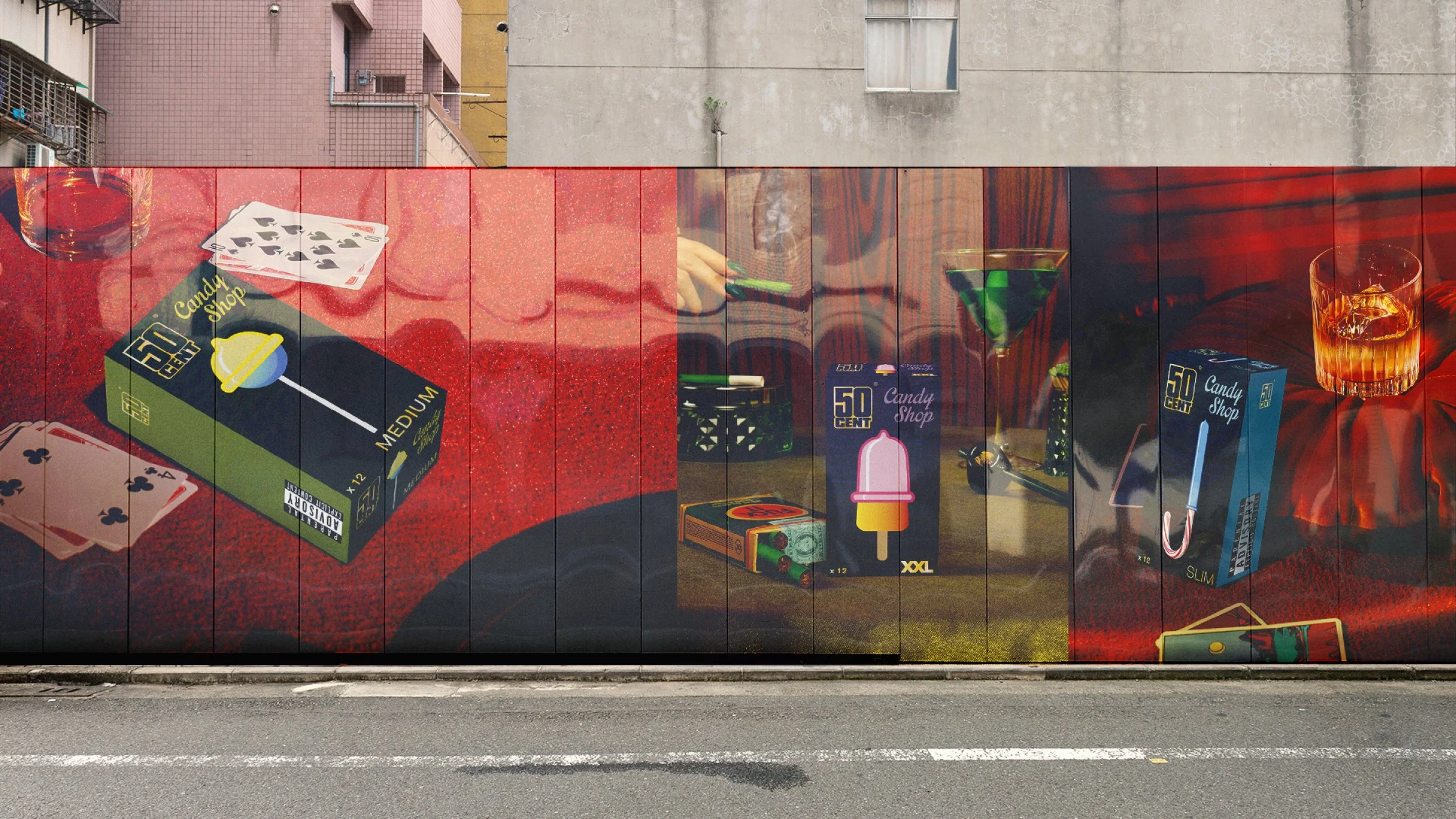 Un mur peint représentant une scène avec des jeux, notamment un boîtier de jeu de société, des cigarettes, un verre avec une boisson orange, une glace à l'eau et des cartes à jouer, dans un style graphique coloré et moderne.