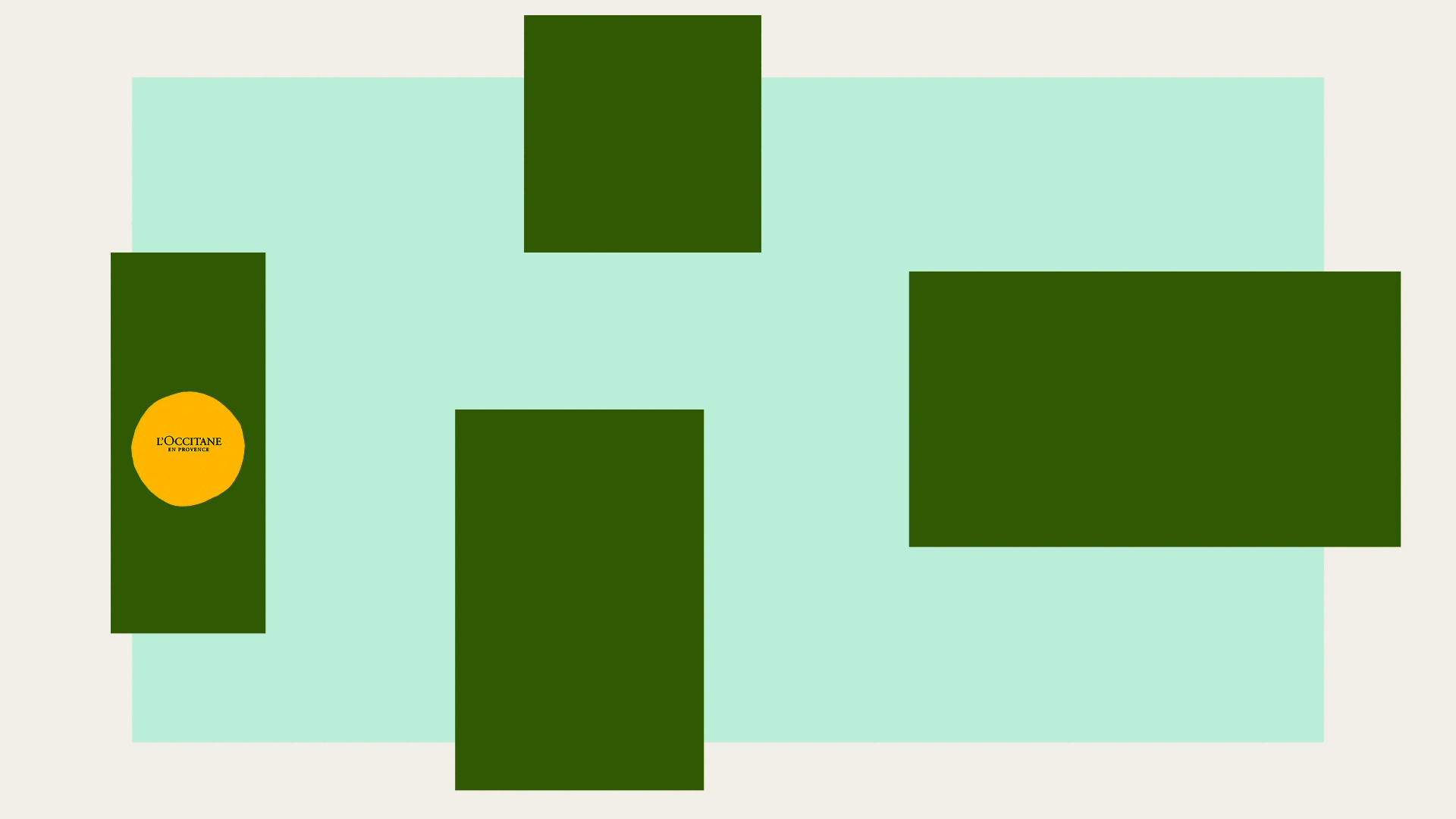 Image abstraite avec plusieurs rectangles verts foncés sur un fond beige et un rectangle bleu pâle, avec un cercle jaune contenant le texte 'L'OCCITANE EN PROVENCE'.