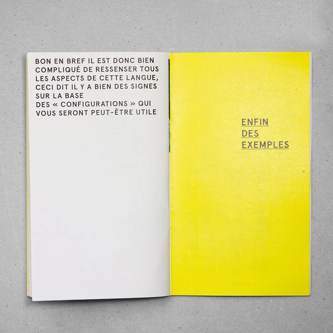 Page intérieure d'un livre avec texte en français, la page gauche est blanche avec du texte, la page droite est jaune avec le titre 'ENFIN DES EXEMPLES'.