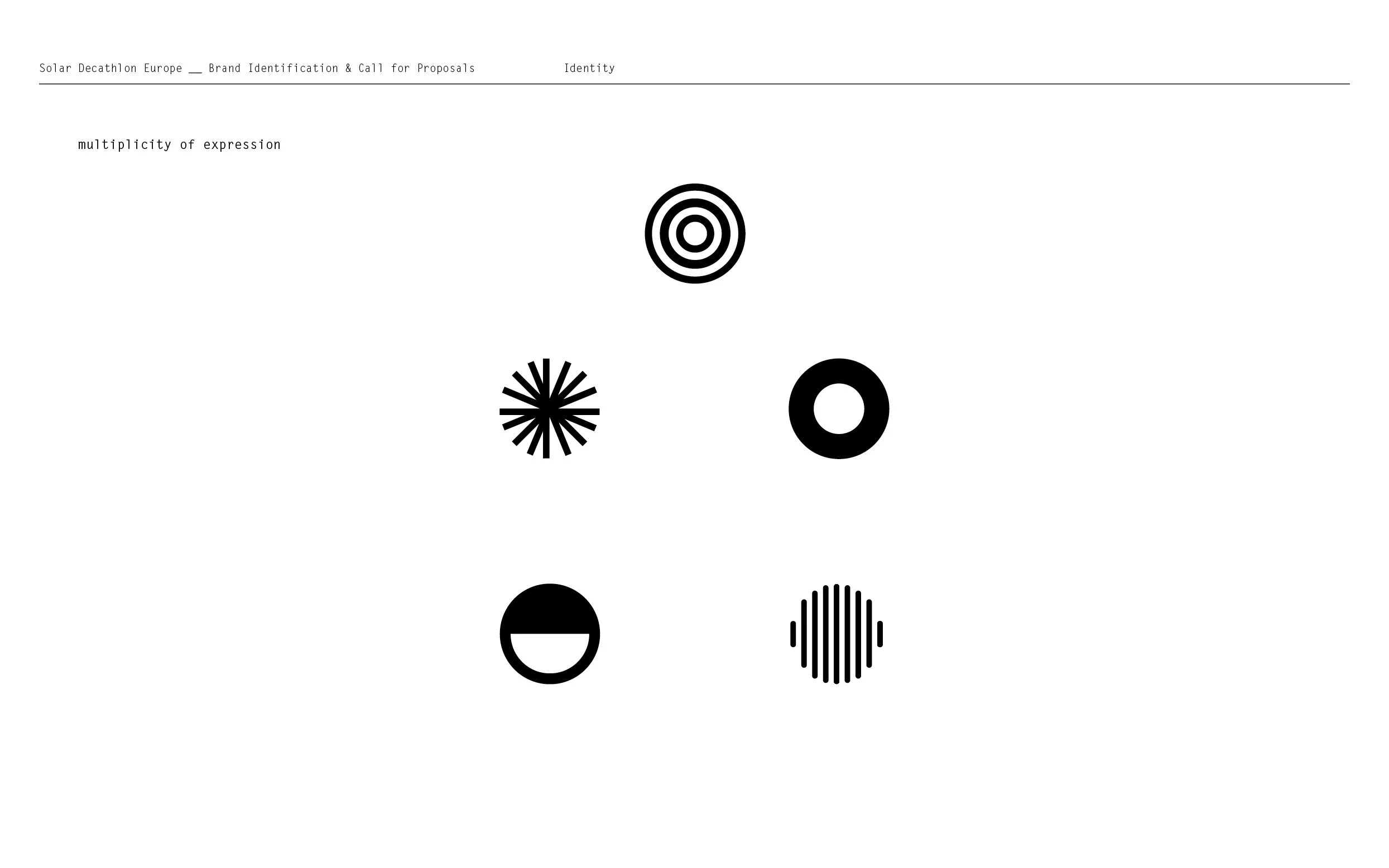 Différents motifs géométriques noirs sur fond blanc, tels que cercles concentriques, lignes radiantes, demi-cercles et ovales.