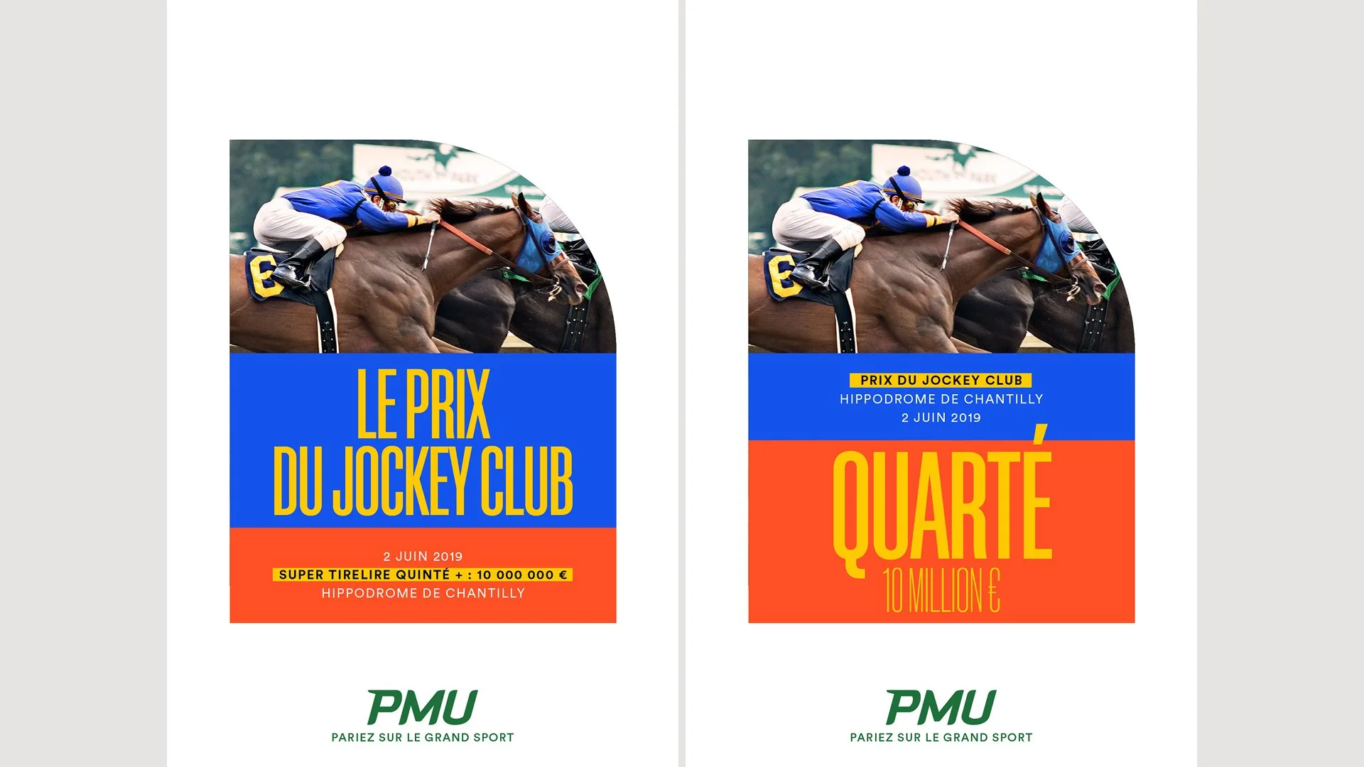 Deux affiches de course hippique, mettant en scène un jockey en pleine course sur un cheval, avec des textes en français annonçant le prix du Jockey Club et des informations sur l'événement du 2 juin 2019 à l'hippodrome de Chantilly.