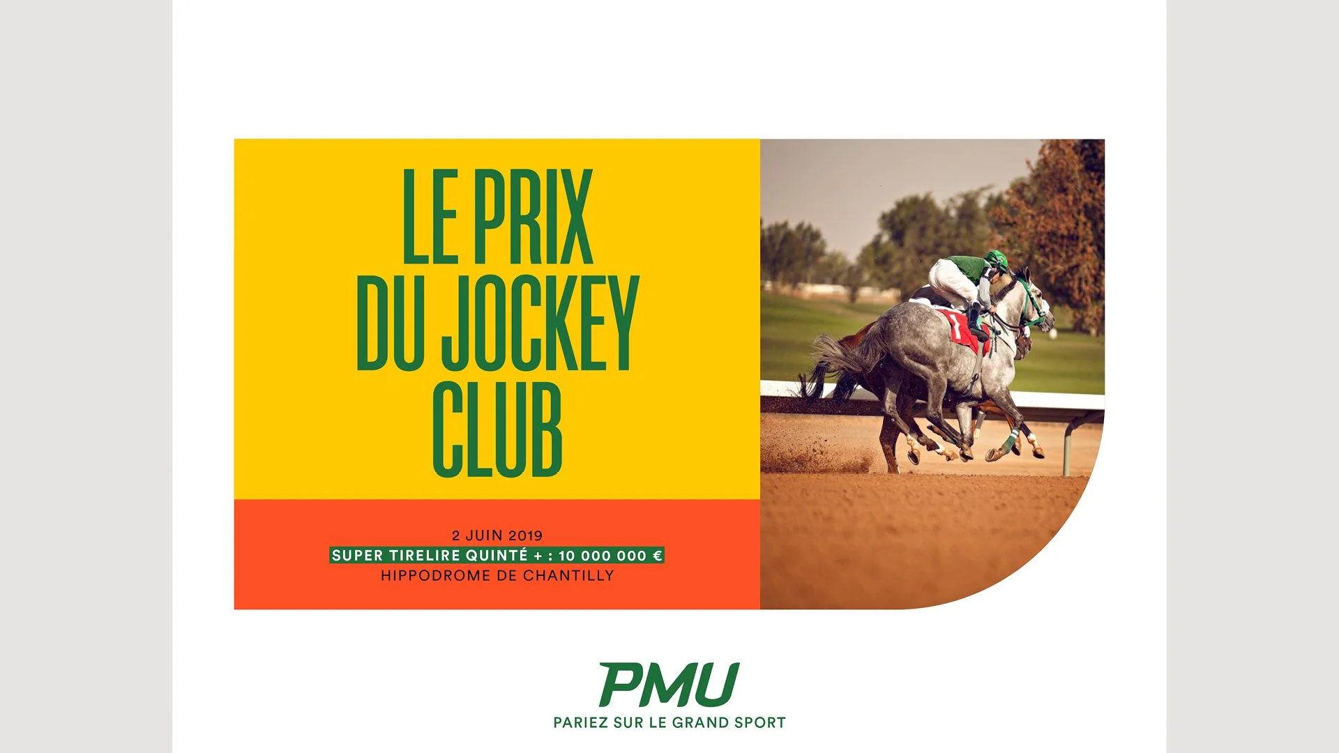 Affiche de l'événement hippique intitulé 'Le Prix du Jockey Club', organisé le 2 juin 2019 à l'Hippodrome de Chantilly, avec une image de chevaux de course en action sur la piste