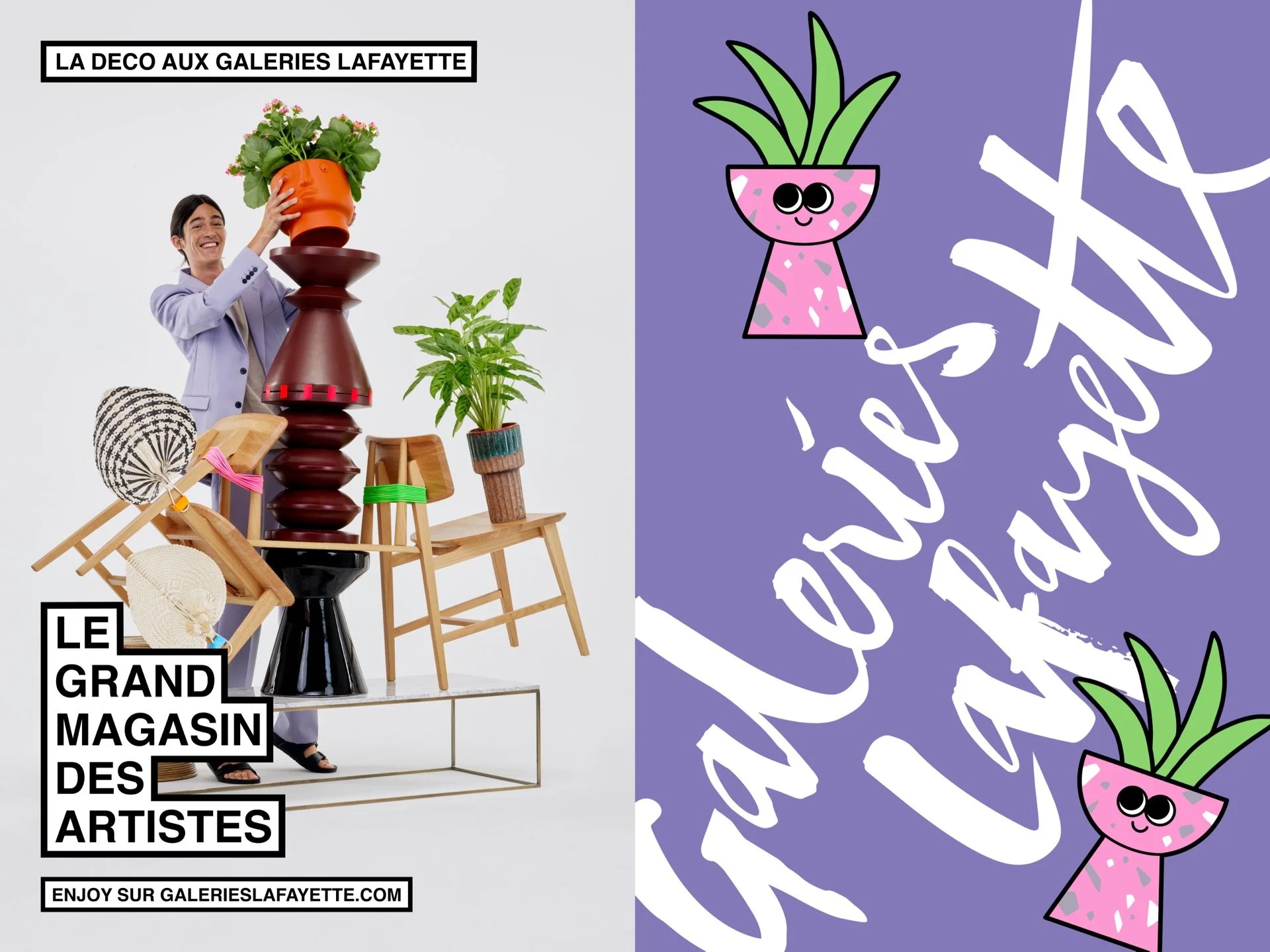 Image divisée en deux parties, à gauche une affiche promotionnelle pour une exposition artistique avec des éléments décoratifs en bois, des plantes vertes et un homme souriant, portant une poterie orange. À droite une illustration d'une plante dans un pot rose avec un visage adorable, sur un fond violet avec des écritures manuscrites blanches.