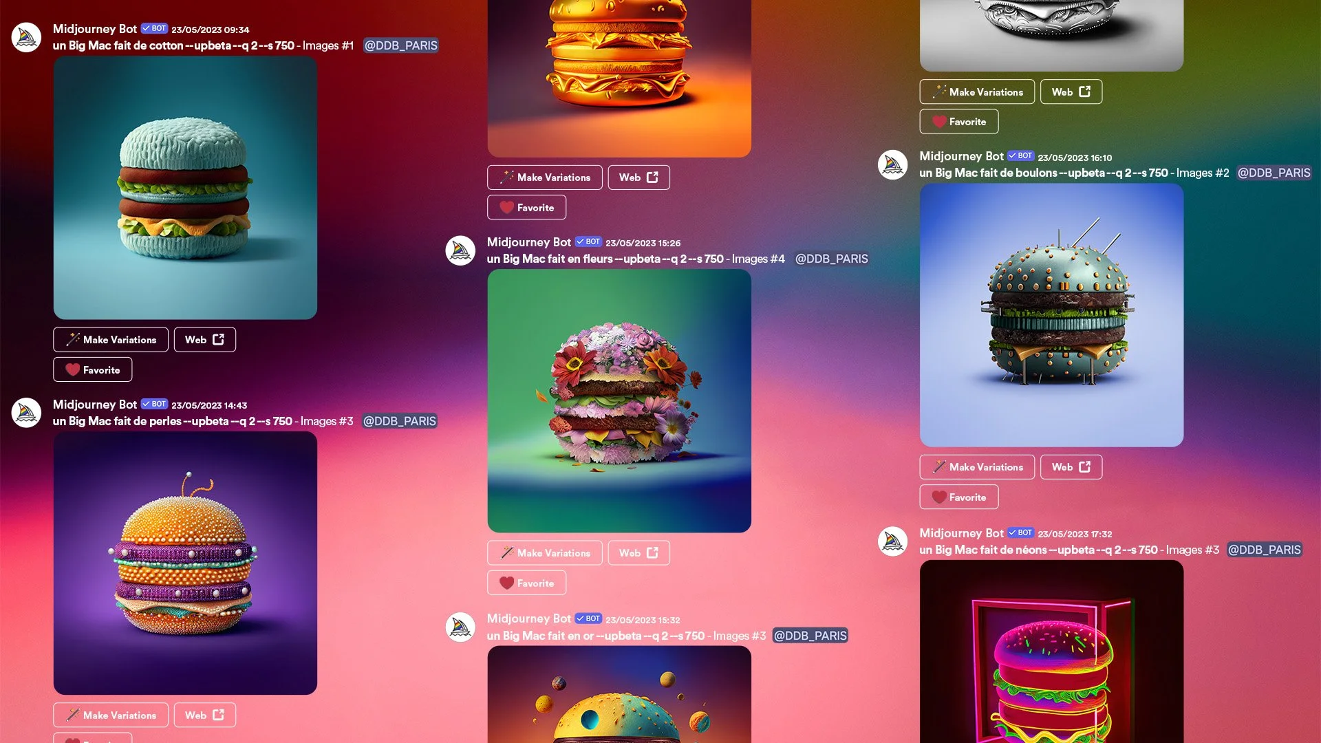 Différentes images de hamburgers et autres plats, tous conçus avec des éléments visuellement créatifs et artistiques, ressemblant à des sculptures ou à des œuvres d'art numériques, avec des couleurs vives et des détails précis.
