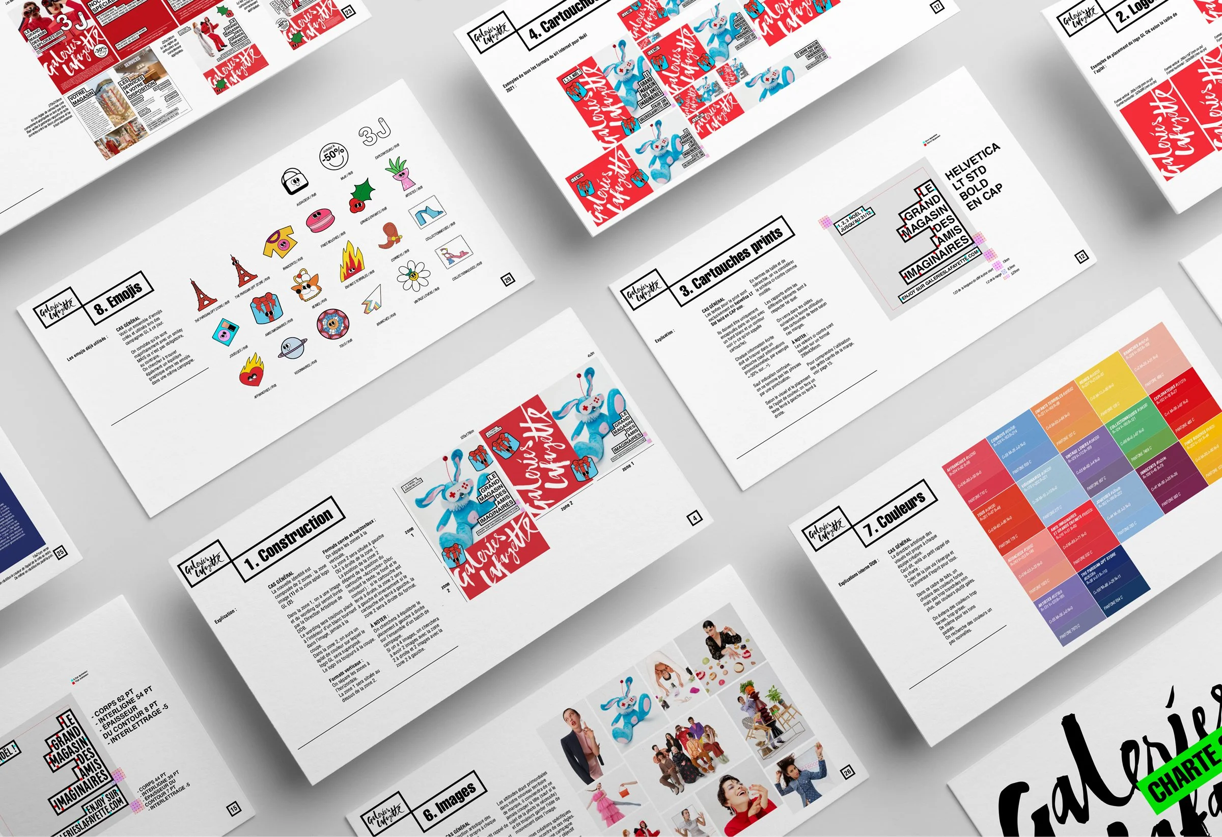 Page d'un magazine ou un guide avec divers modèles, exemples, et instructions pour la création de cartouches d'impression, couleurs, images, emojis, et autres éléments graphiques.