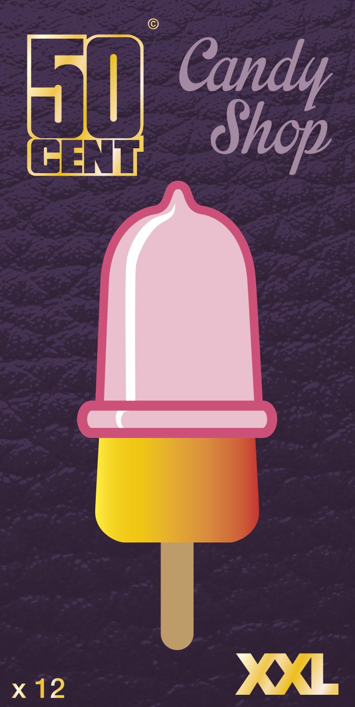 Une affiche de boutique de bonbons appelés "Candy Shop" avec une image d'une glace à l'eau rose, fond violet texturé, mentionnant un prix de 50 centimes, 12 unités et en taille XXL.
