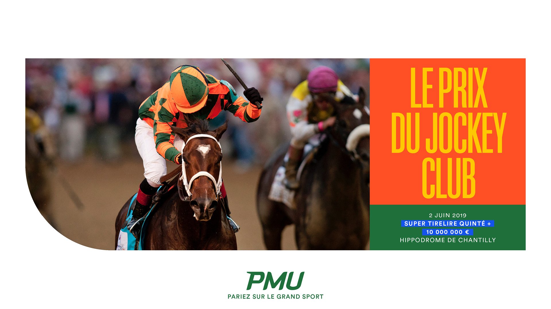 Affiche d'un événement hippique avec deux chevaux et leurs jockeys en compétition, promotion du Prix du Jockey Club, se déroulant le 2 juin 2019 à l'Hippodrome de Chantilly.