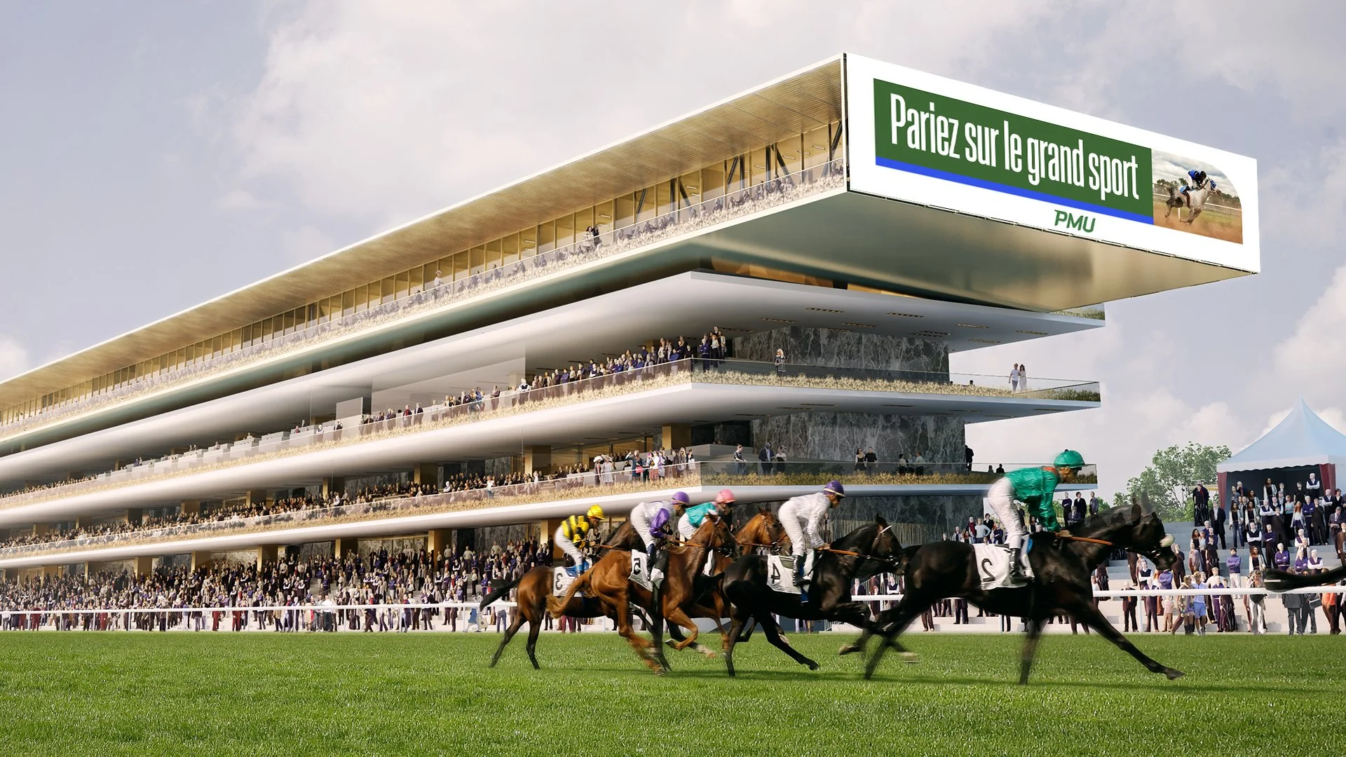 Une illustration d'un stade moderne avec plusieurs niveaux et une grande affiche publicitaire en haut. Au premier plan, une course de chevaux avec des jockeys en tenue colorée. La foule assise dans les gradins observe la course, et il y a des spectat