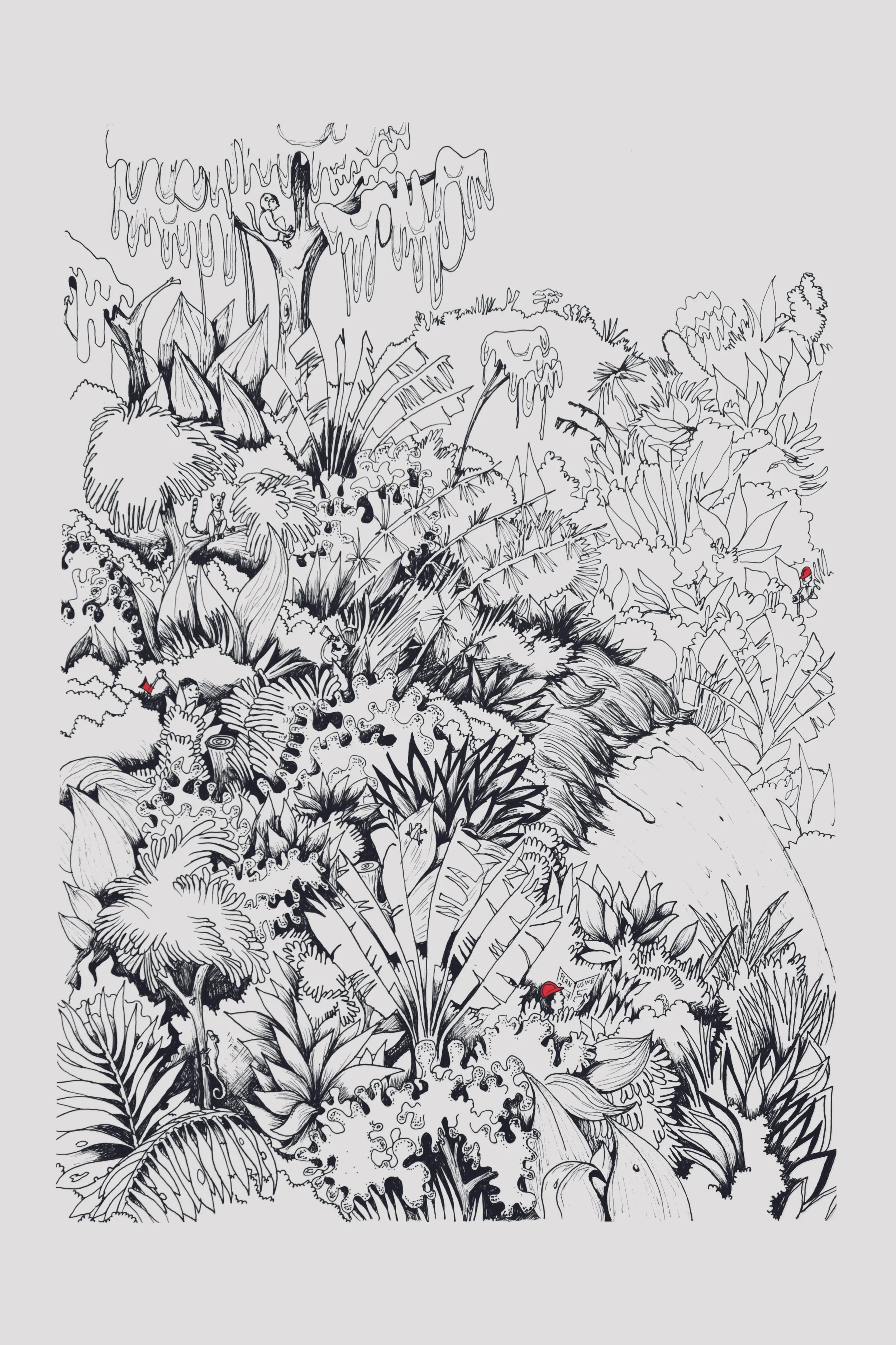Une illustration en noir et blanc d'une jungle dense avec de nombreuses plantes, feuilles, et quelques personnages miniatures dispersés dans la scène.