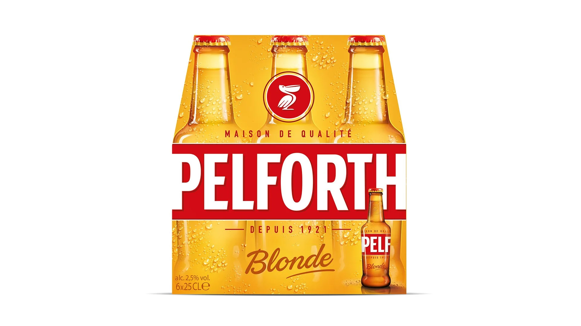 Paquet de bières Pelforth Blonde de 6 bouteilles de 25cl, avec une étiquette orange et rouge, illustrant des bouteilles avec des gouttelettes d'eau, marque de bière française créée en 1921.
