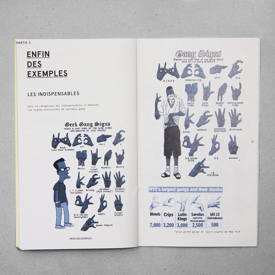 Page de livre illustrée avec des exemples de signes de gangs, comprenant des dessins de mains et une personne, avec du texte en français sur l'importance et les exemples de signes de gangs et leur utilisation.