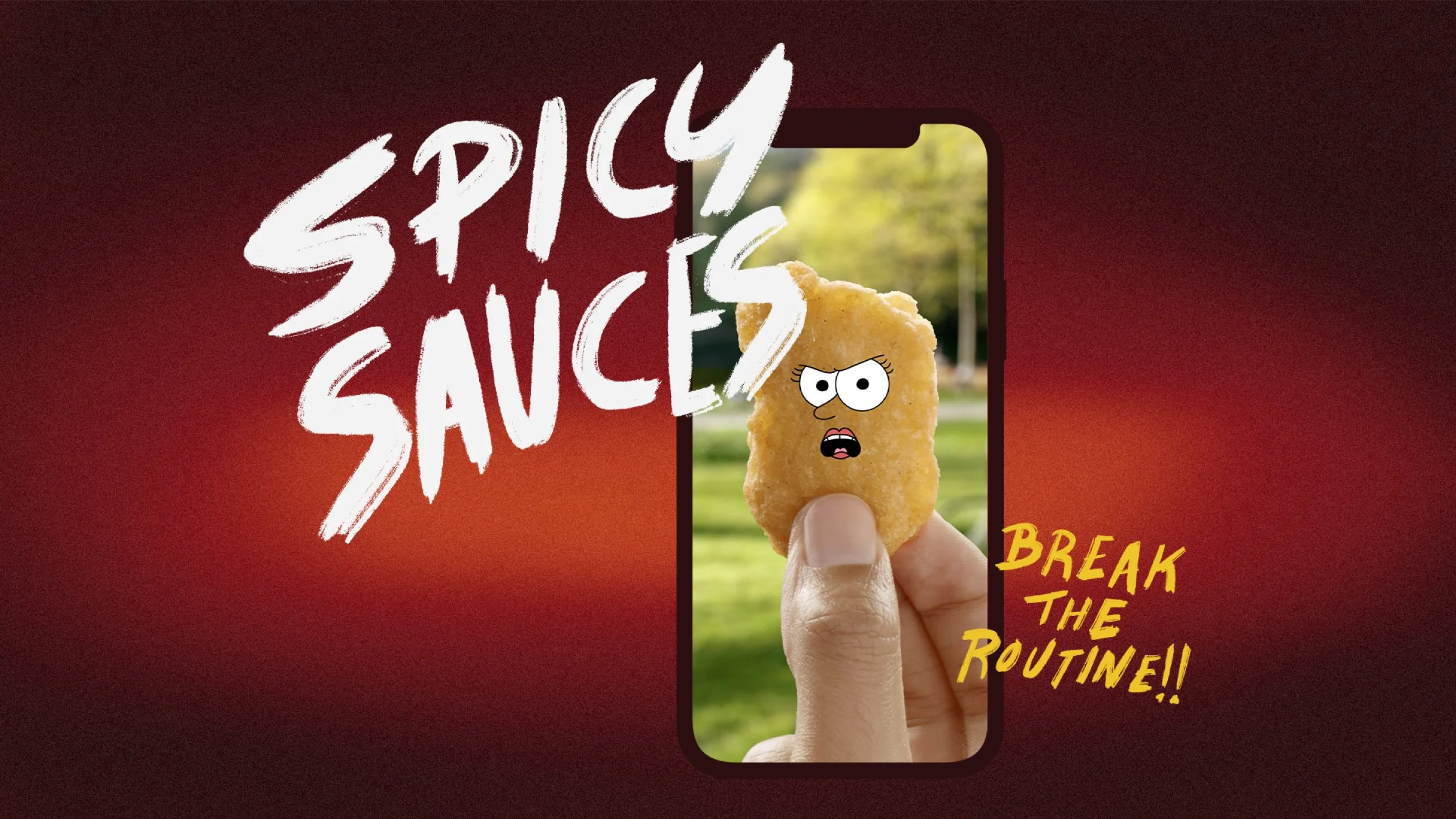 Une image montrant un poulet frit avec un visage dessiné, tenu par une main devant un téléphone. Sur le téléphone, il y a du texte en anglais 'EAT! SAC! SAC!'. À côté du téléphone, dans le coin inférieur droit, il y a du texte en anglais 'BREAK THE R