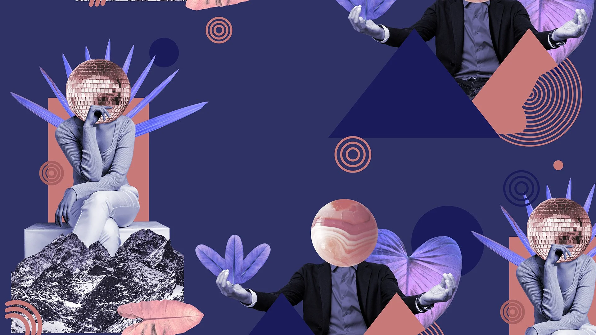 Collage digital avec des figures humaines au visage remplacé par des objets ou des formes géométriques, entourées de plantes stylisées, de montagnes et de sphères.