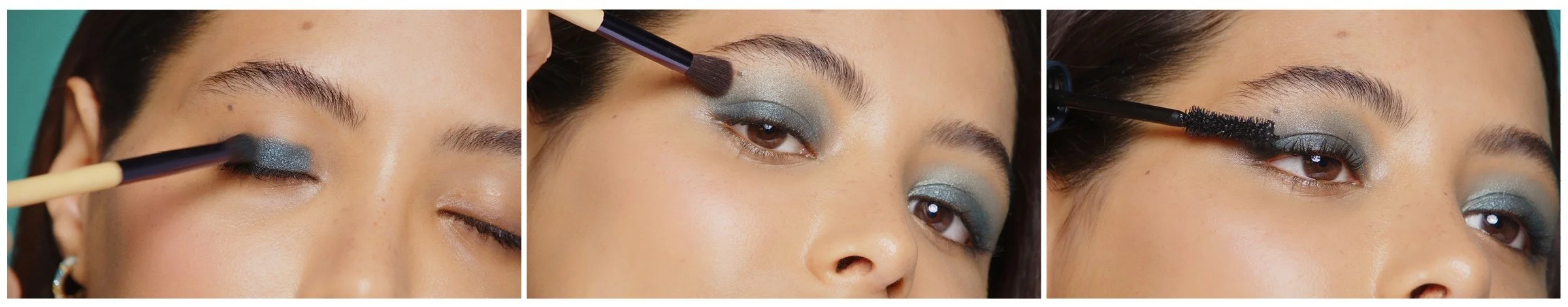 Une femme applique du maquillage sur ses yeux avec un pinceau, portant un maquillage des yeux bleu grisé