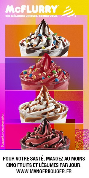 Quatre coupes de glace avec différentes garnitures, présentation colorée promotionnelle pour McFLURRY avec un message de santé et un lien vers le site web.
