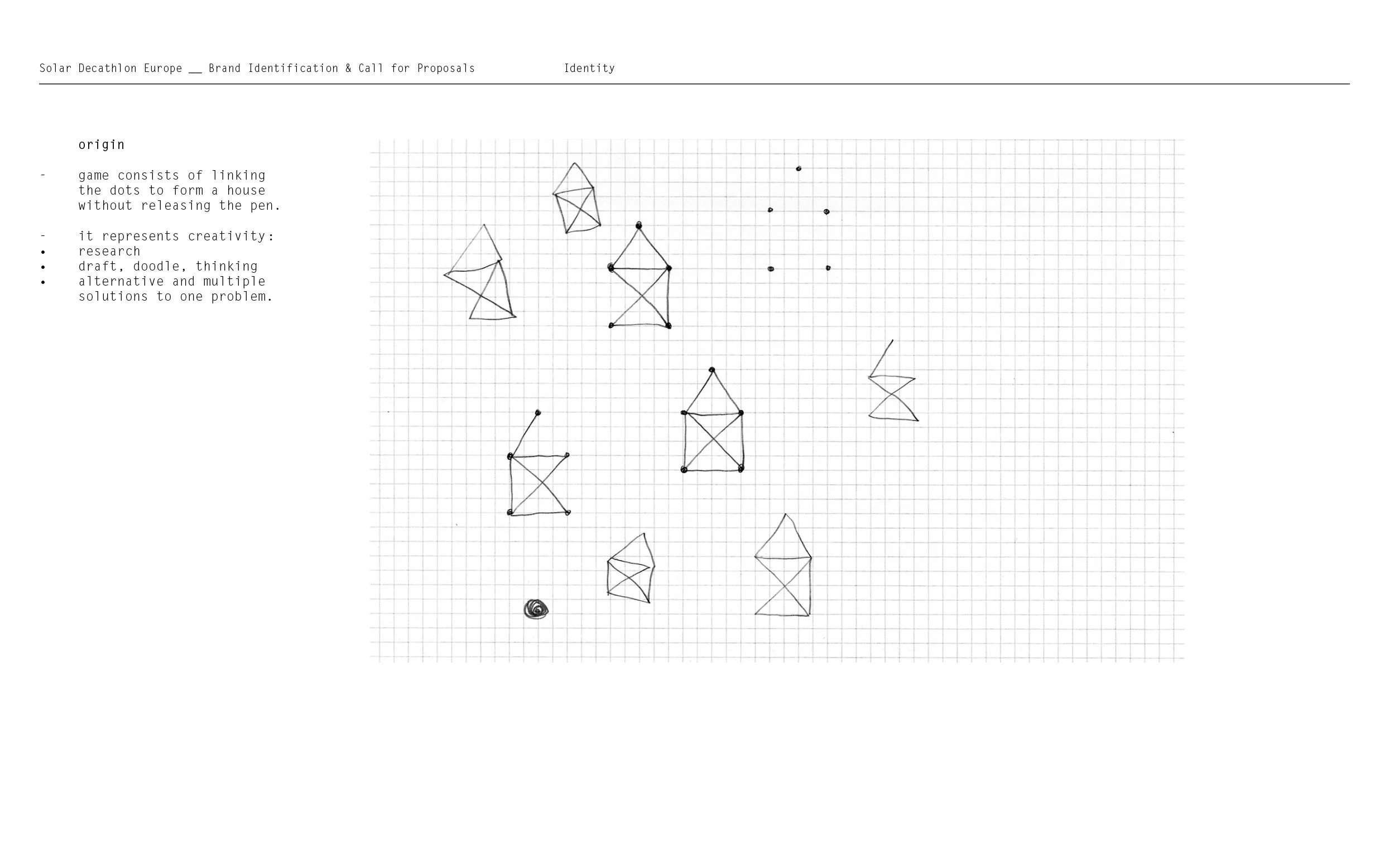 Dessins de formes géométriques reliées par des traits sur un fond quadrillé, avec un texte expliquant le jeu et sa signification.