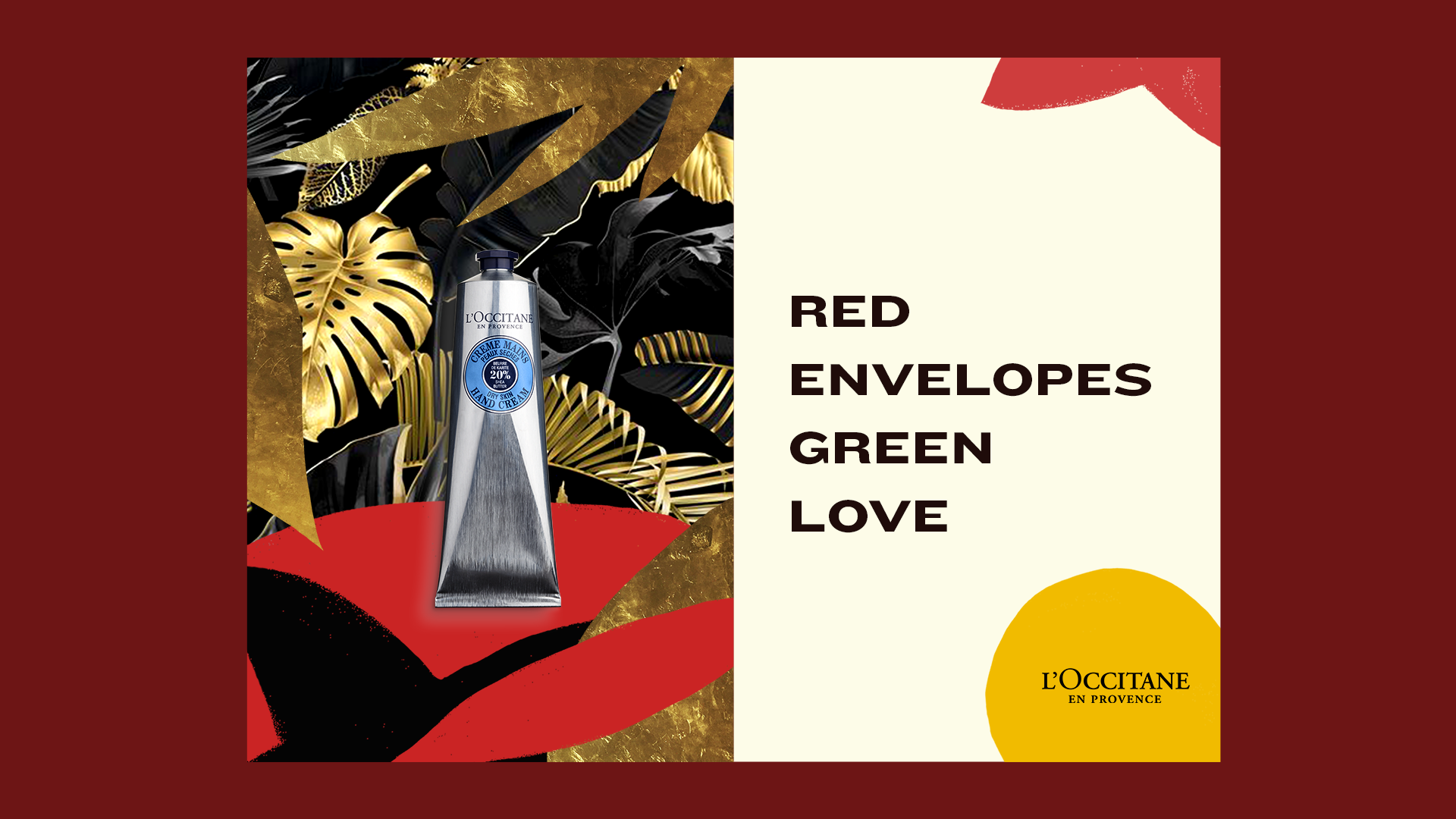 Une publicité pour une crème pour les mains de l'entreprise L'OCCITANE, avec un fond de feuilles dorées et noires, et un tube de crème argenté avec un bouchon noir, accompagné du texte 'RED ENVELOPES GREEN LOVE'.