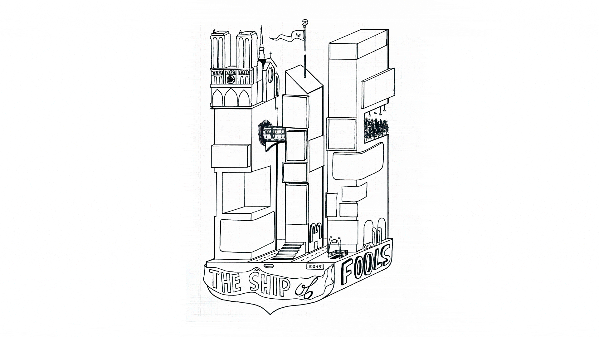 Dessins d'une ville futuriste avec des bâtiments variés, une église, des drapeaux, une enseigne avec 'THE SHIP OF FOOLS' à la base, et un tramway à l'intérieur du bâtiment.