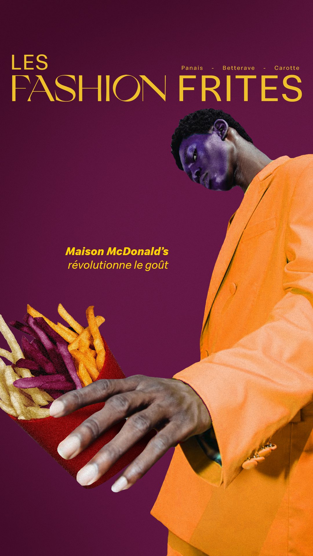 montage d'une personne dans un costume orange tenant un sac de frites avec textes promotionnels pour McDonald's sur un fond violet