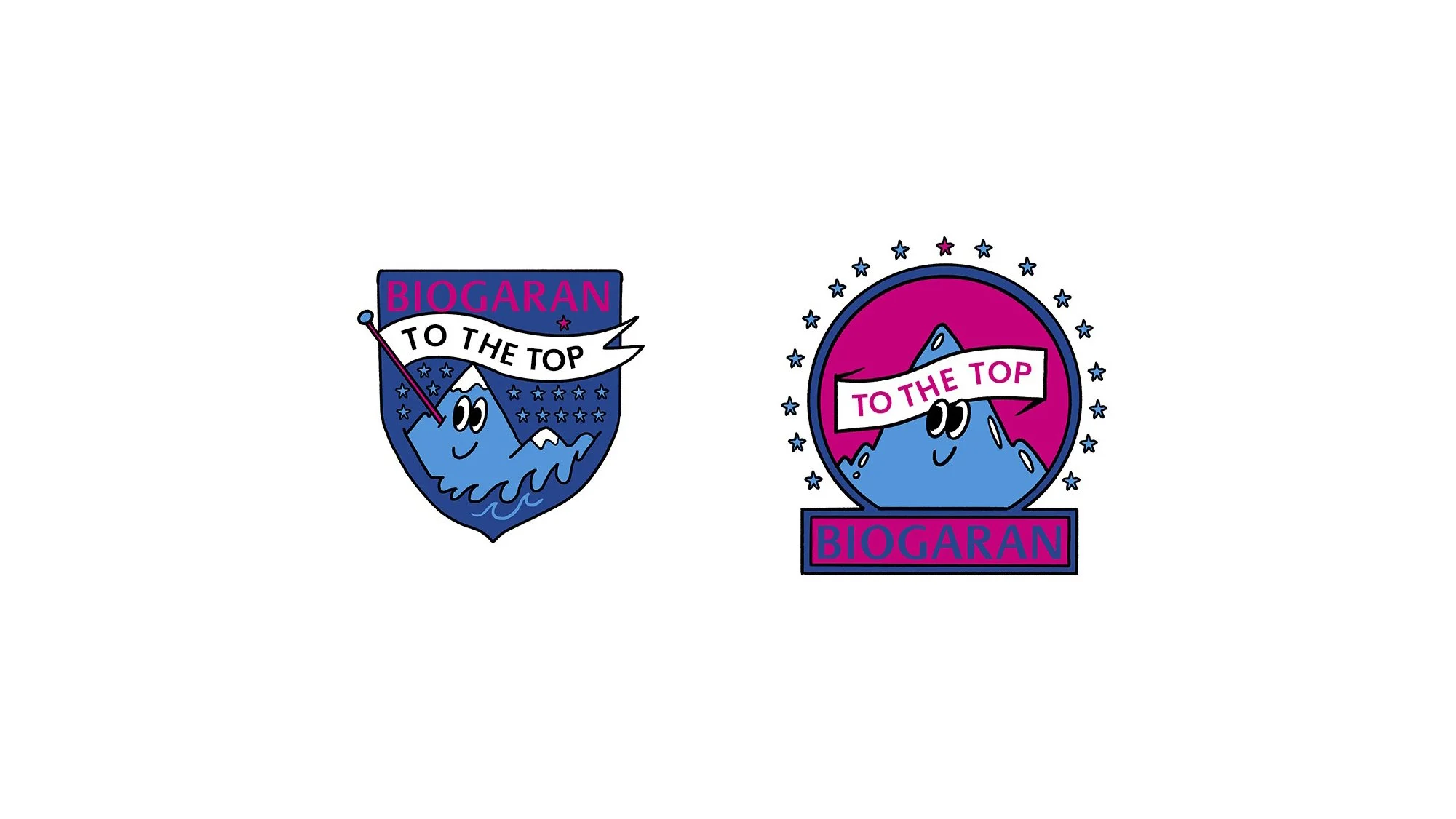 Deux logos colorés représentant des montagnes avec des visages souriants, portant la bannière 'TO THE TOP' et le texte 'BIOGARAN' en dessous, avec un fond blanc